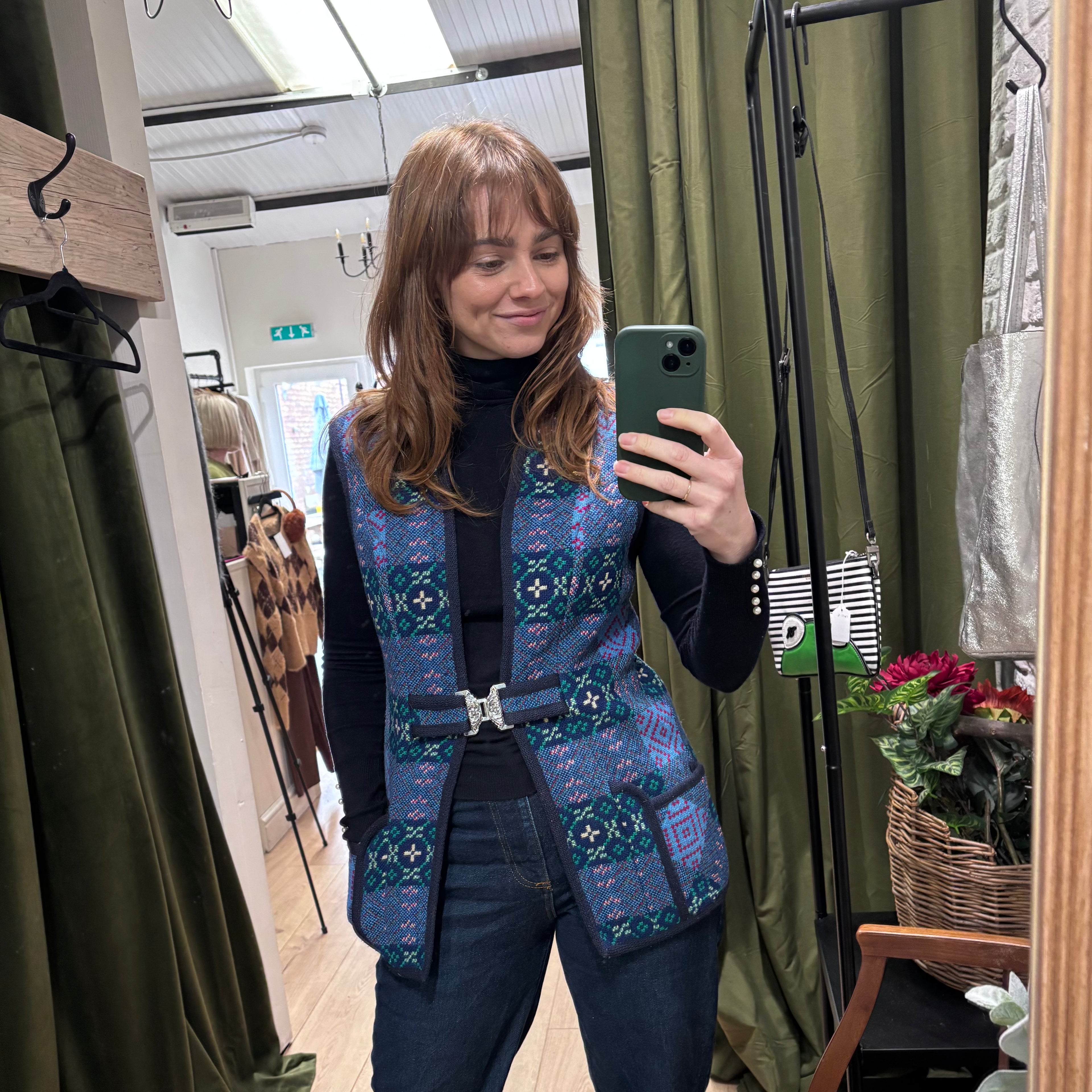 Welsh Wool vest with silver buckle in blue