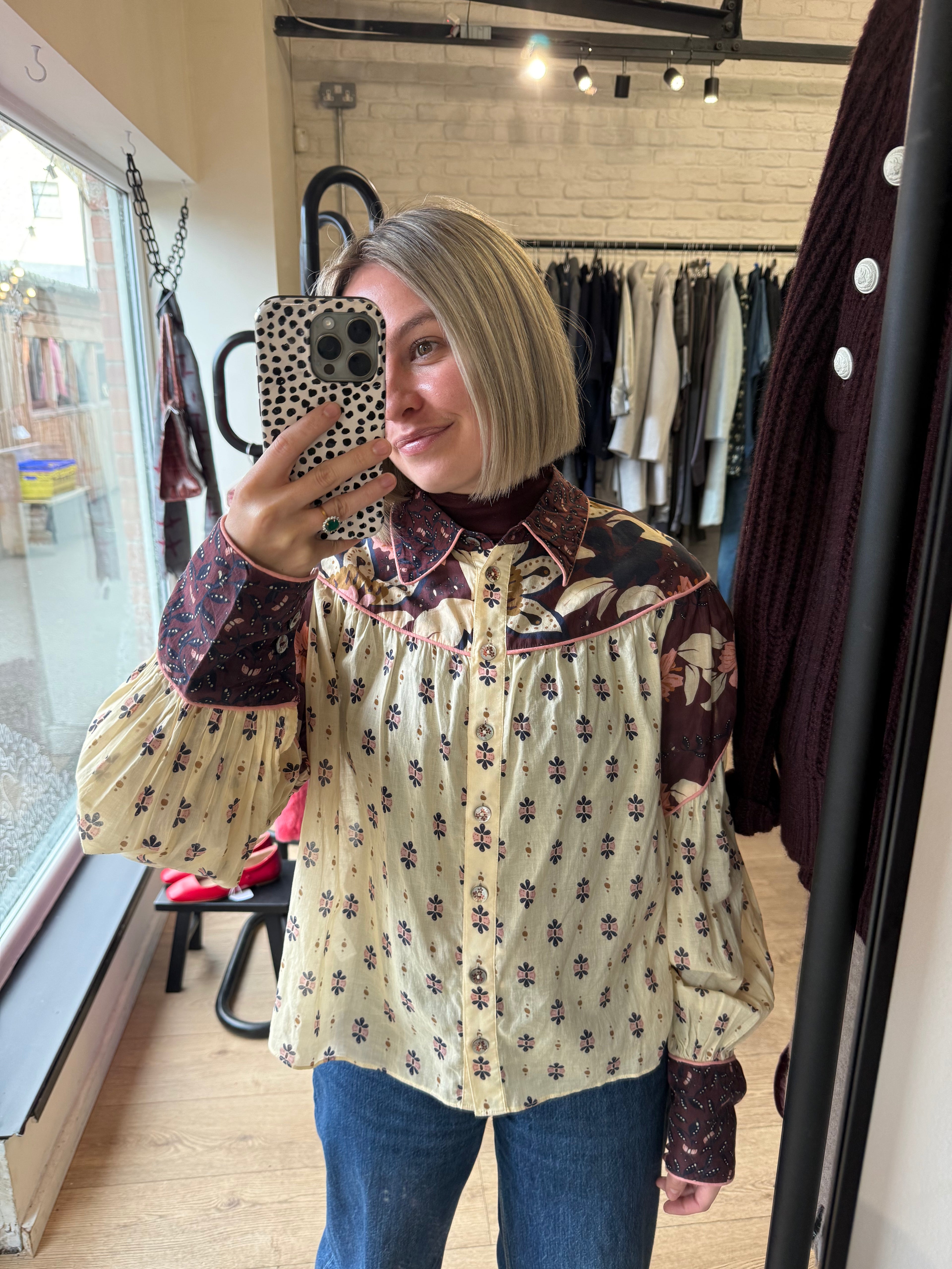 Farm Rio long-sleeved button up blouse in yellow and purple