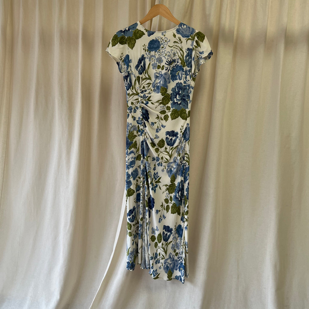 Reformation short sleeve dress in white with blue floral print