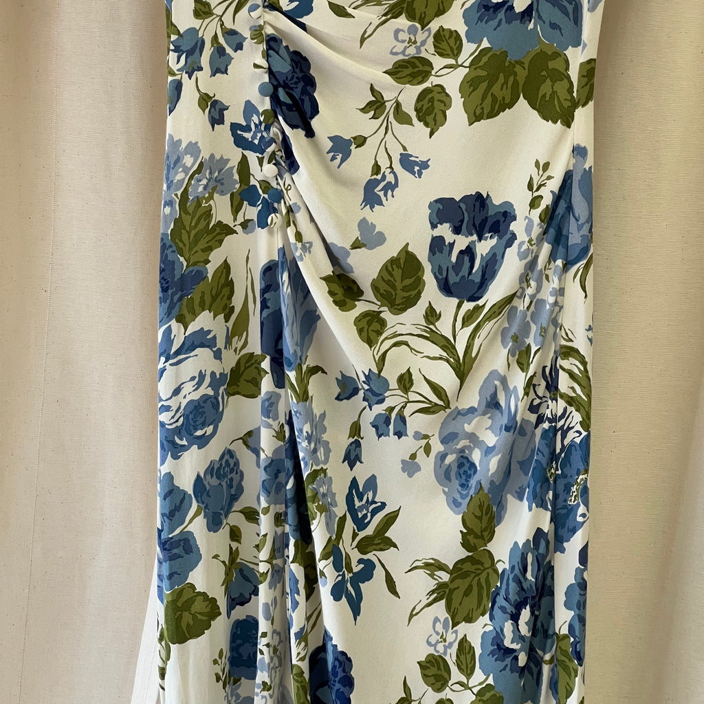 Reformation short sleeve dress in white with blue floral print