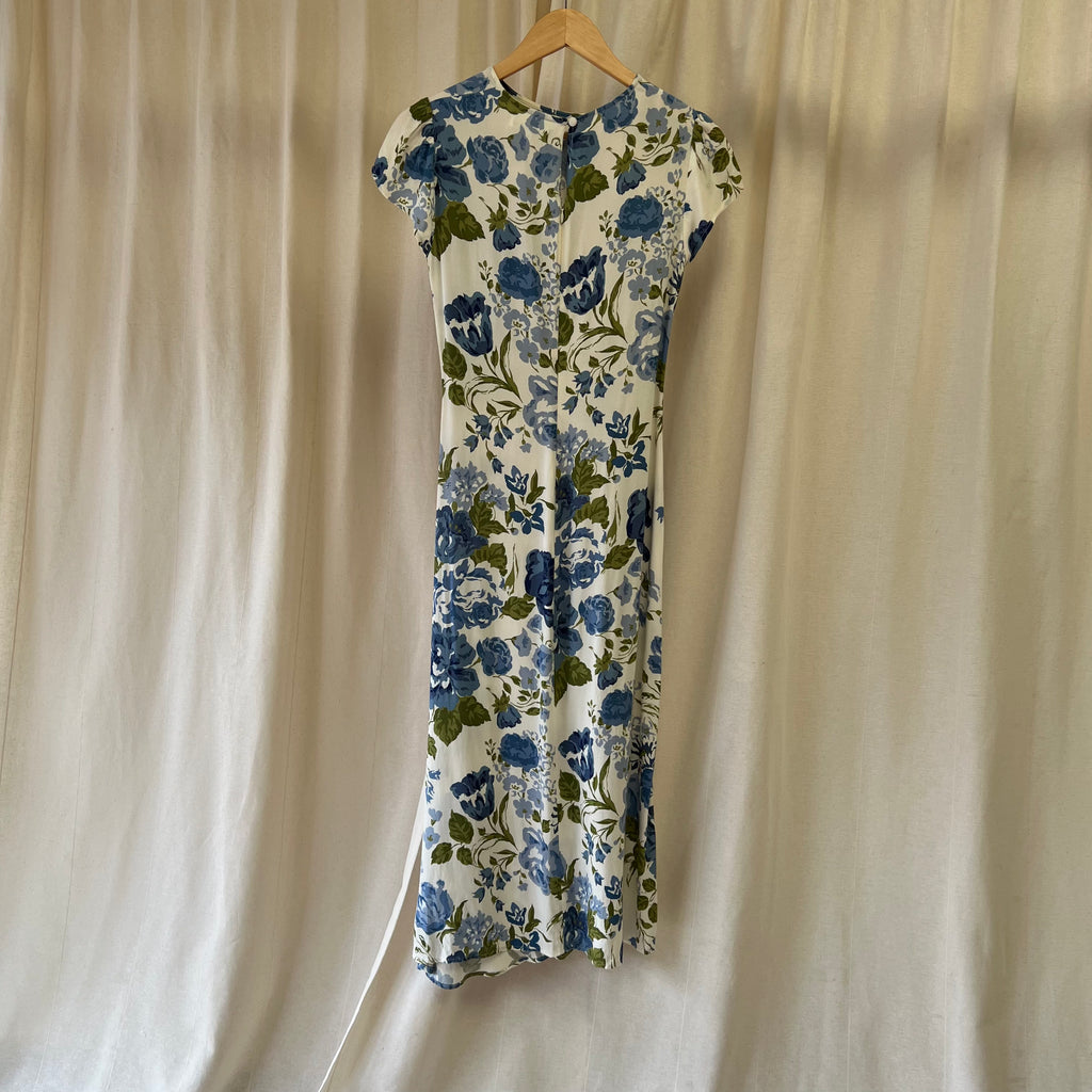 Reformation short sleeve dress in white with blue floral print