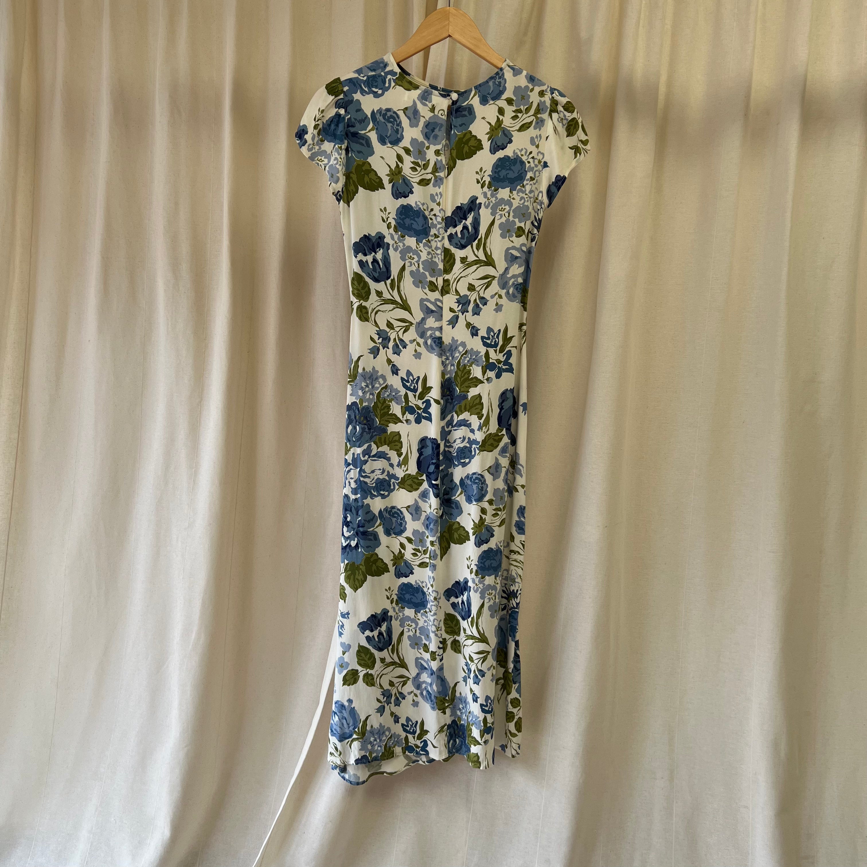 Reformation short sleeve dress in white with blue floral print