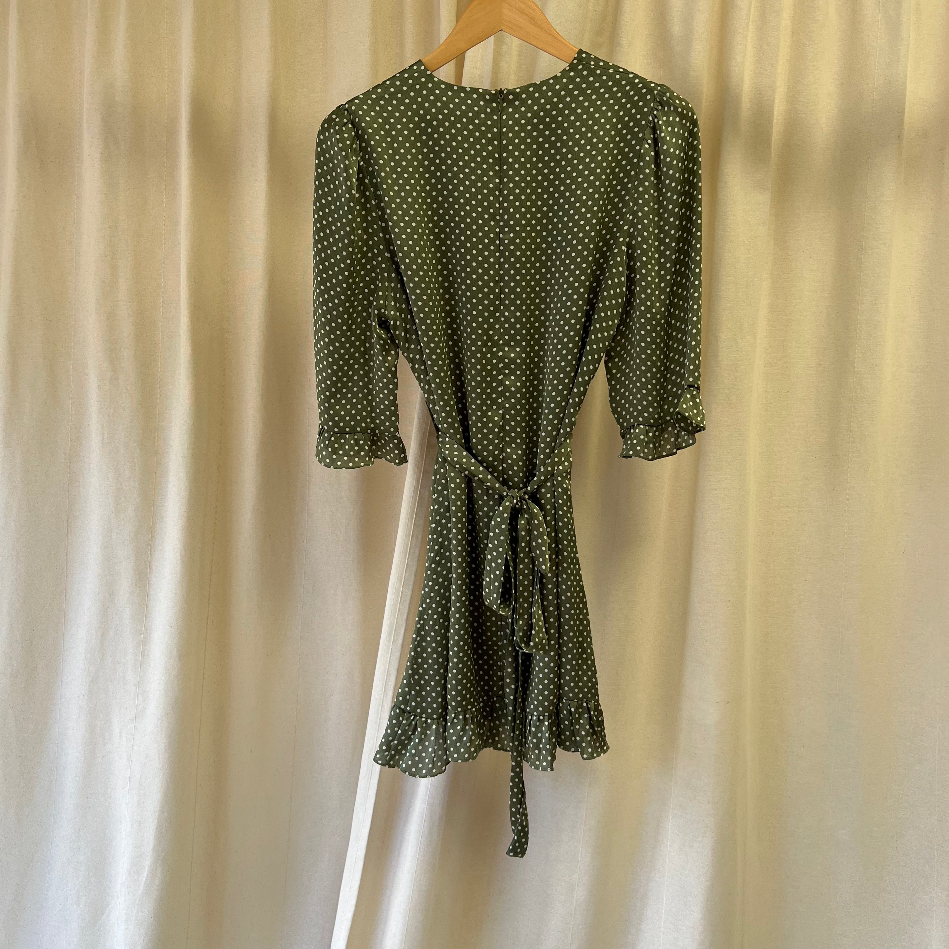 Sisterhood short dress with ruffle hem in green and white polka dot Dj Vu Sisterhood short dress with ruffle hem in green and white polka dot Dj Vu