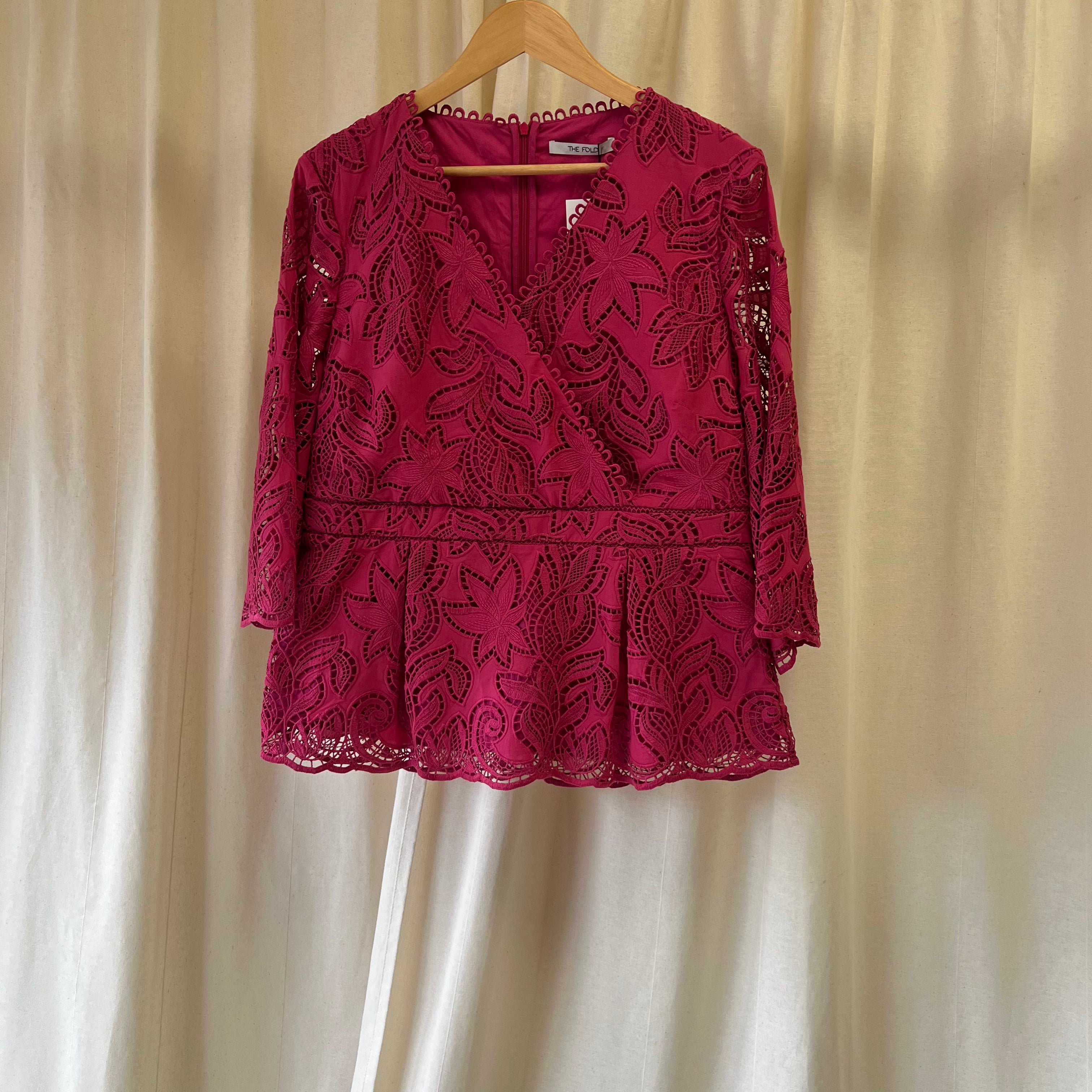 The Fold embroidered chunky lace blouse in pink