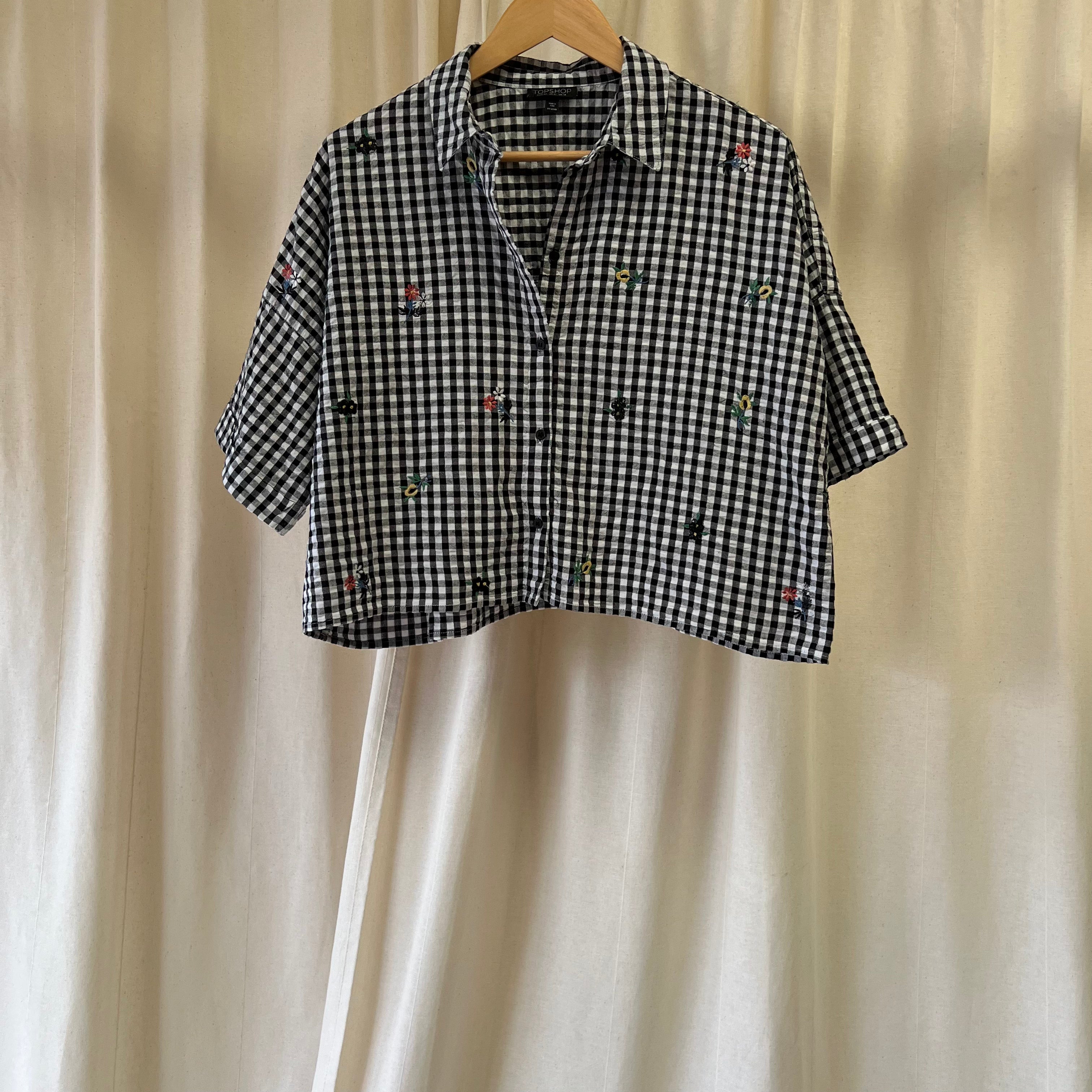 Topshop cropped shirt in black and white gingham with flower embroidery