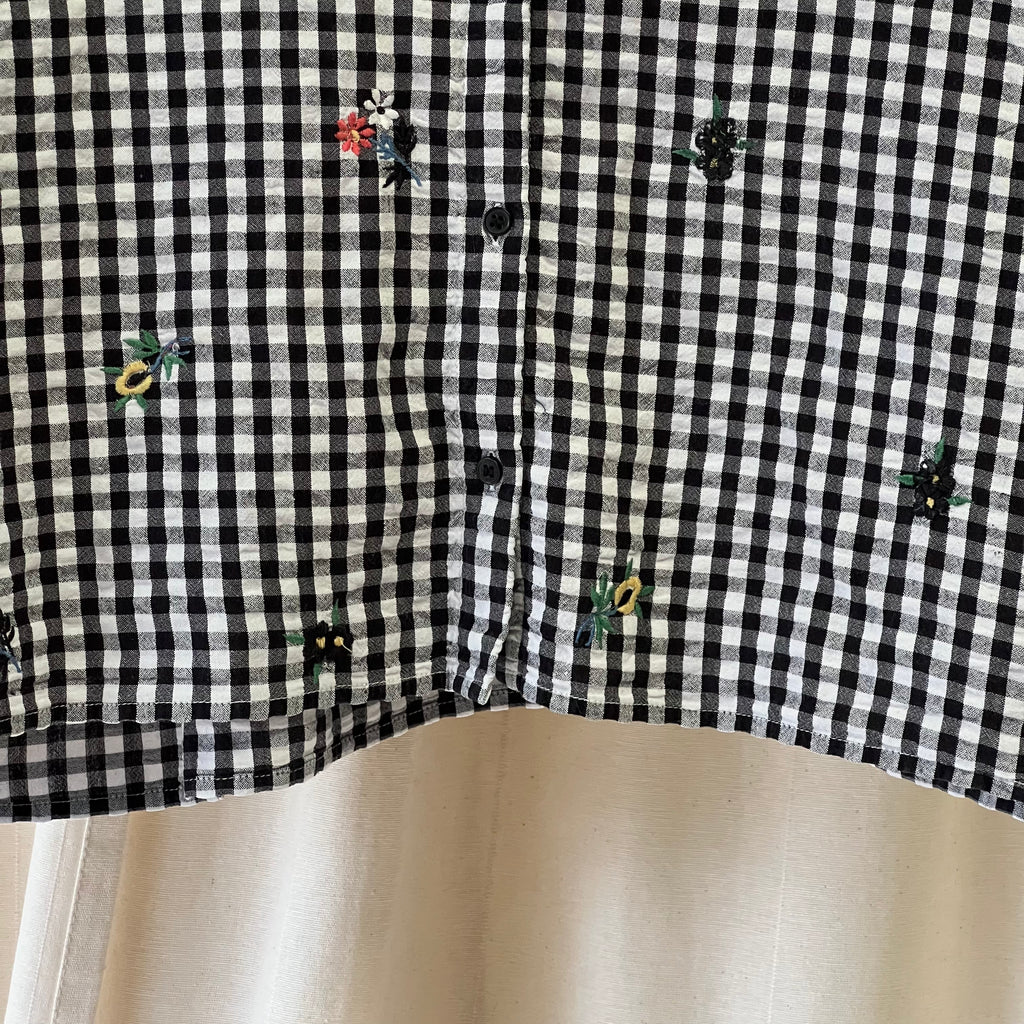 Topshop cropped shirt in black and white gingham with flower embroidery