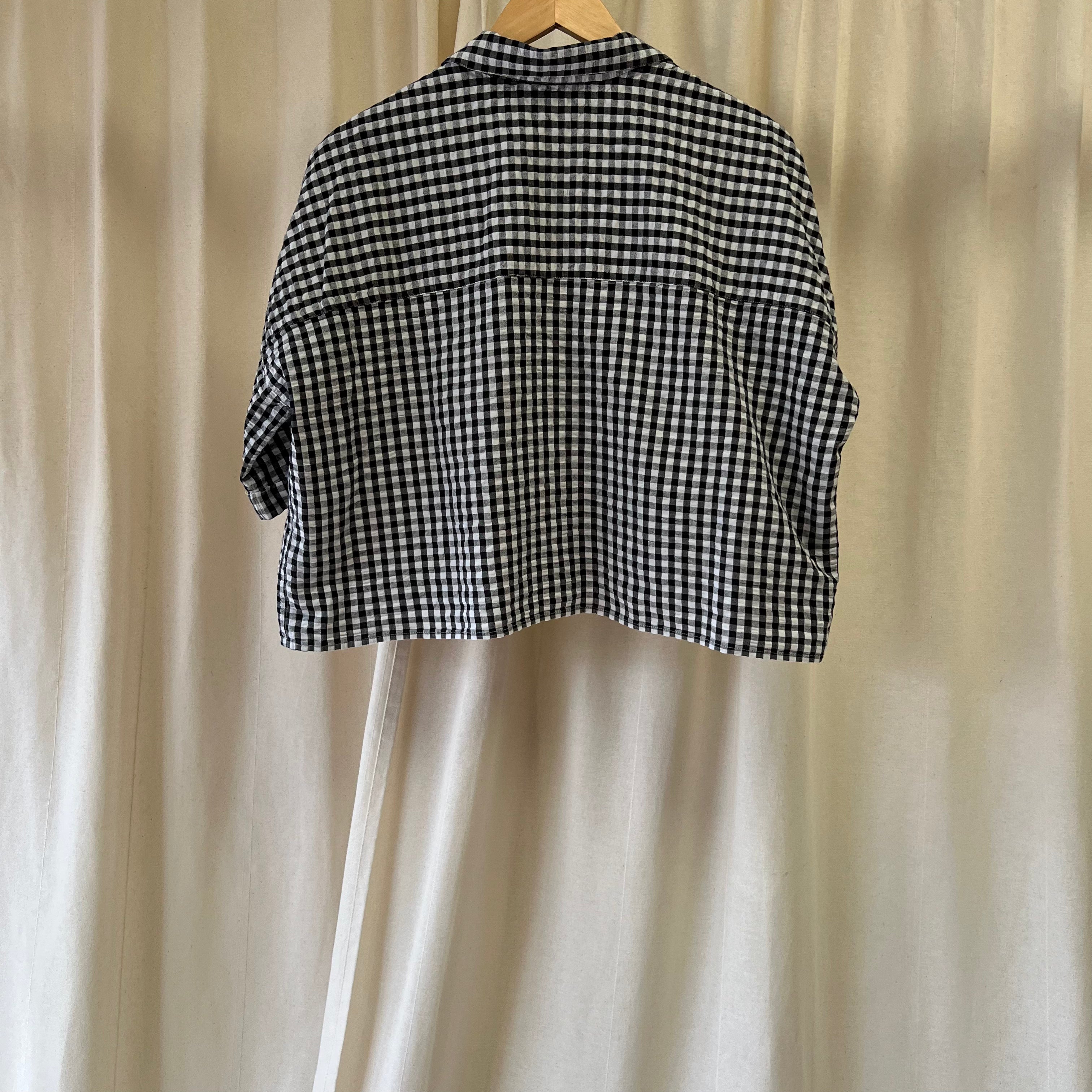 Topshop cropped shirt in black and white gingham with flower embroidery