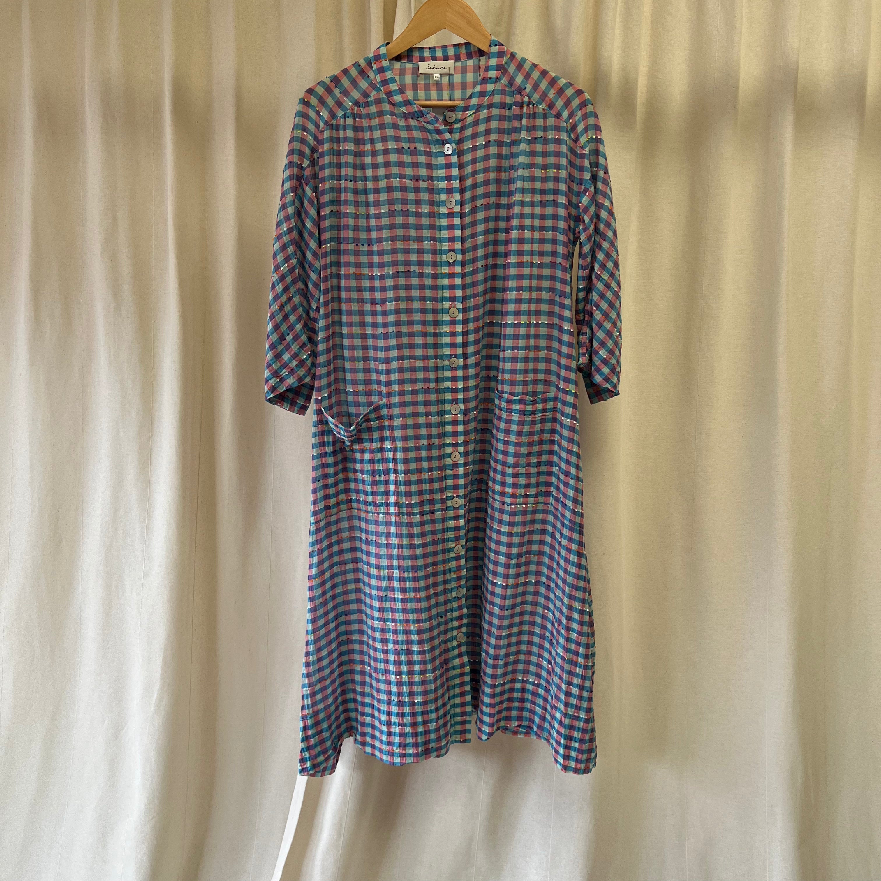 Sahara blue and pink gingham button up midi dress