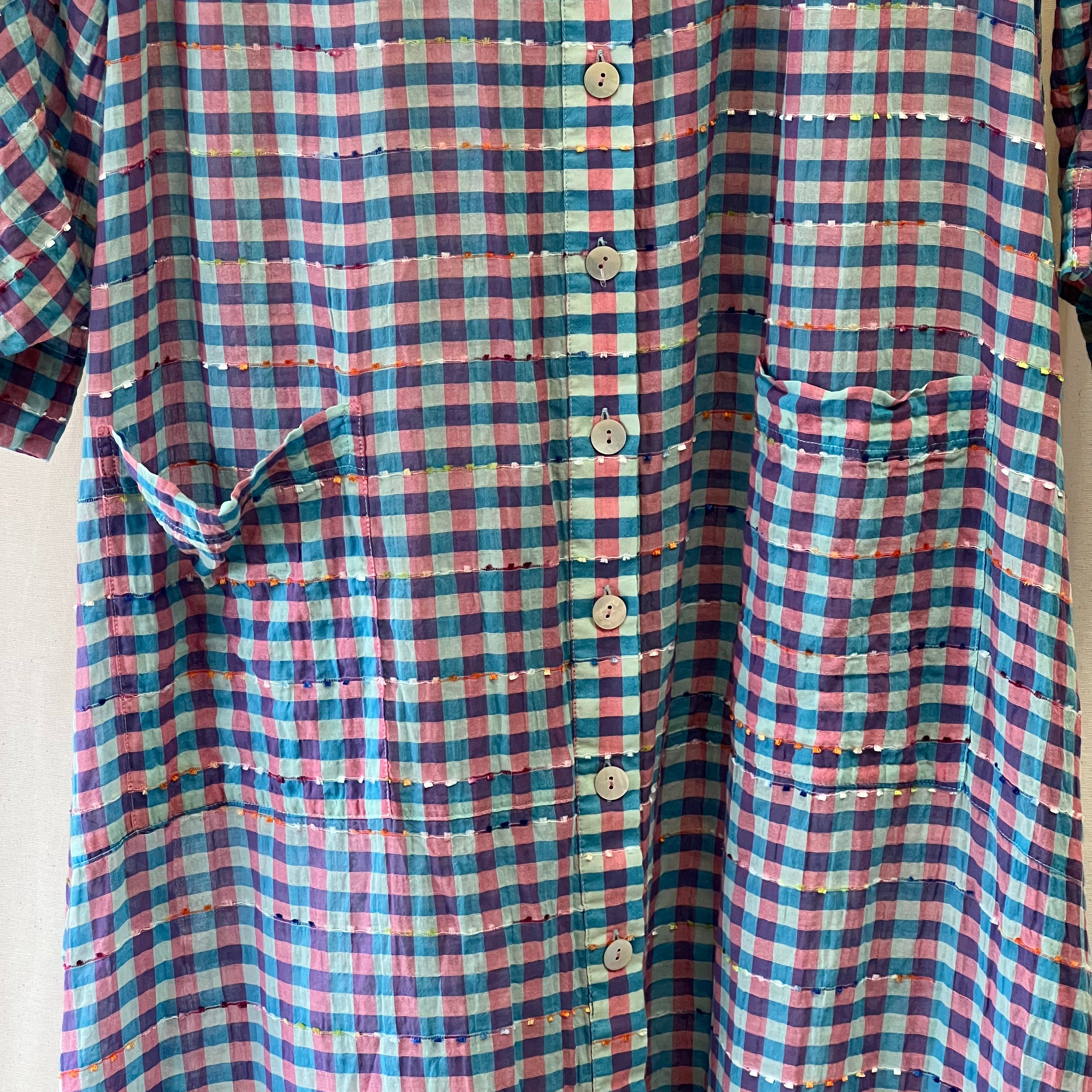 Sahara blue and pink gingham button up midi dress