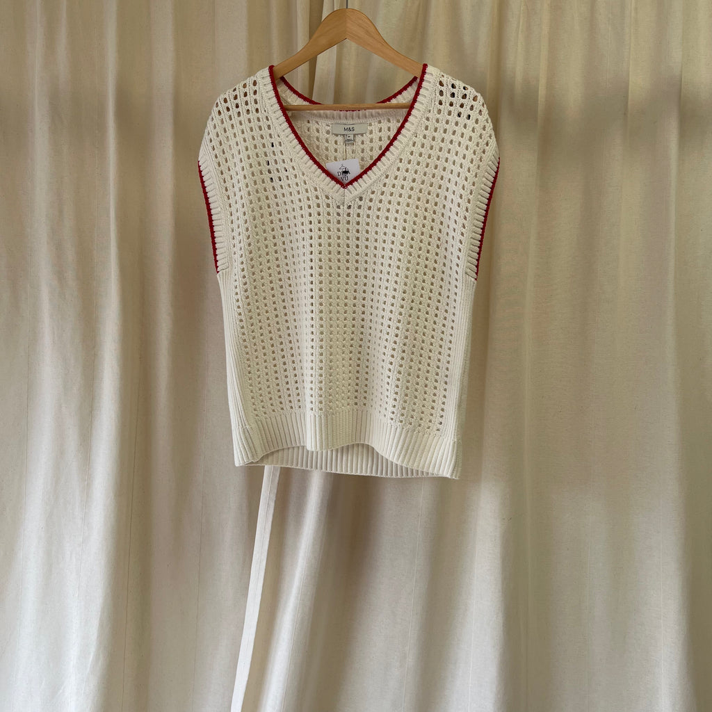 M&S loose knit v neck vest in white with red trim