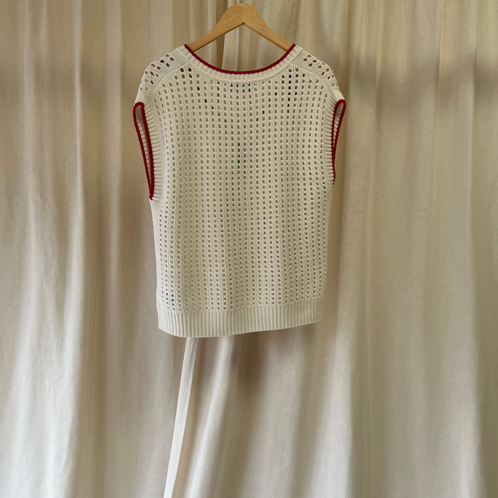 M&S loose knit v neck vest in white with red trim