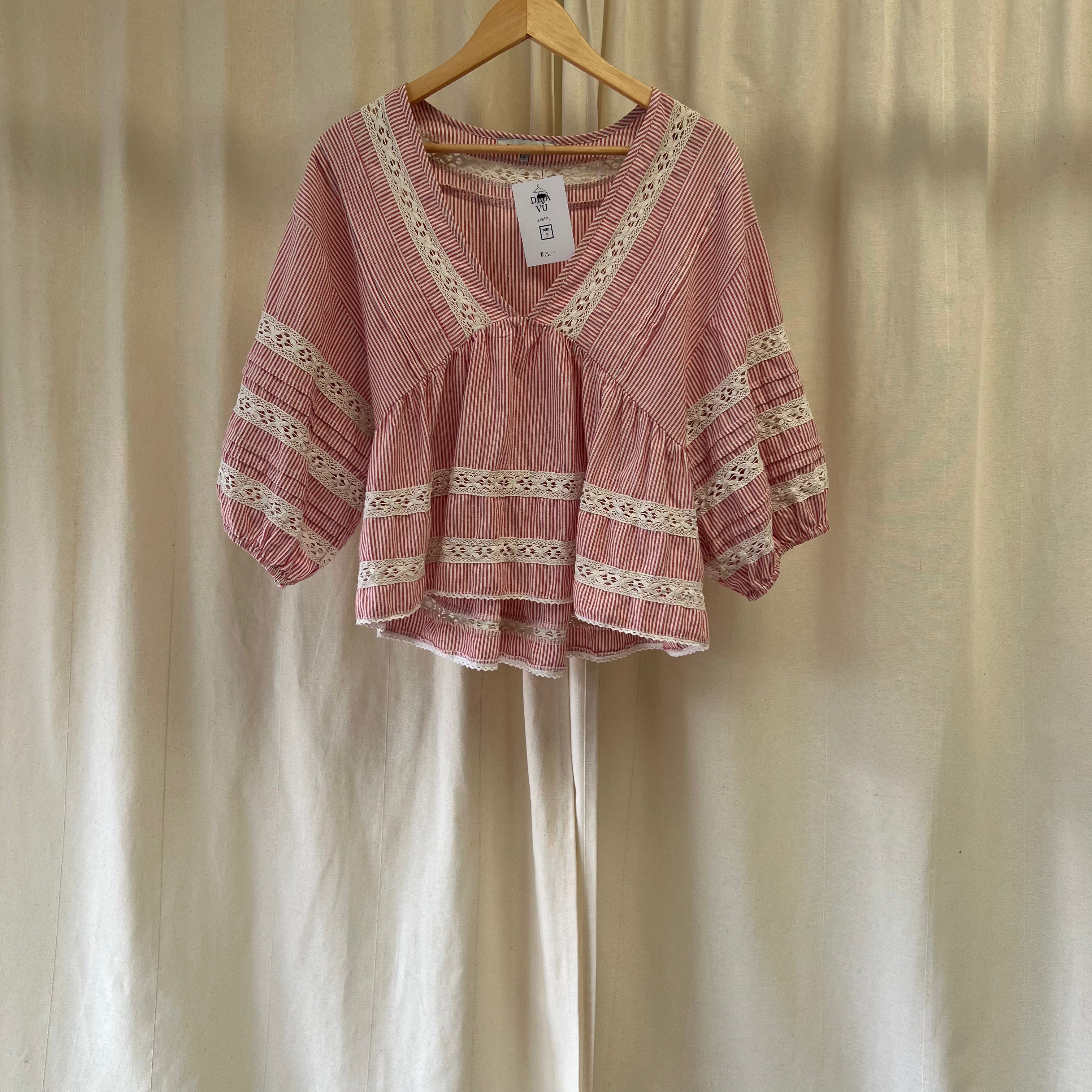 Rose and Rose blouse in red and cream stripes with crochet panels
