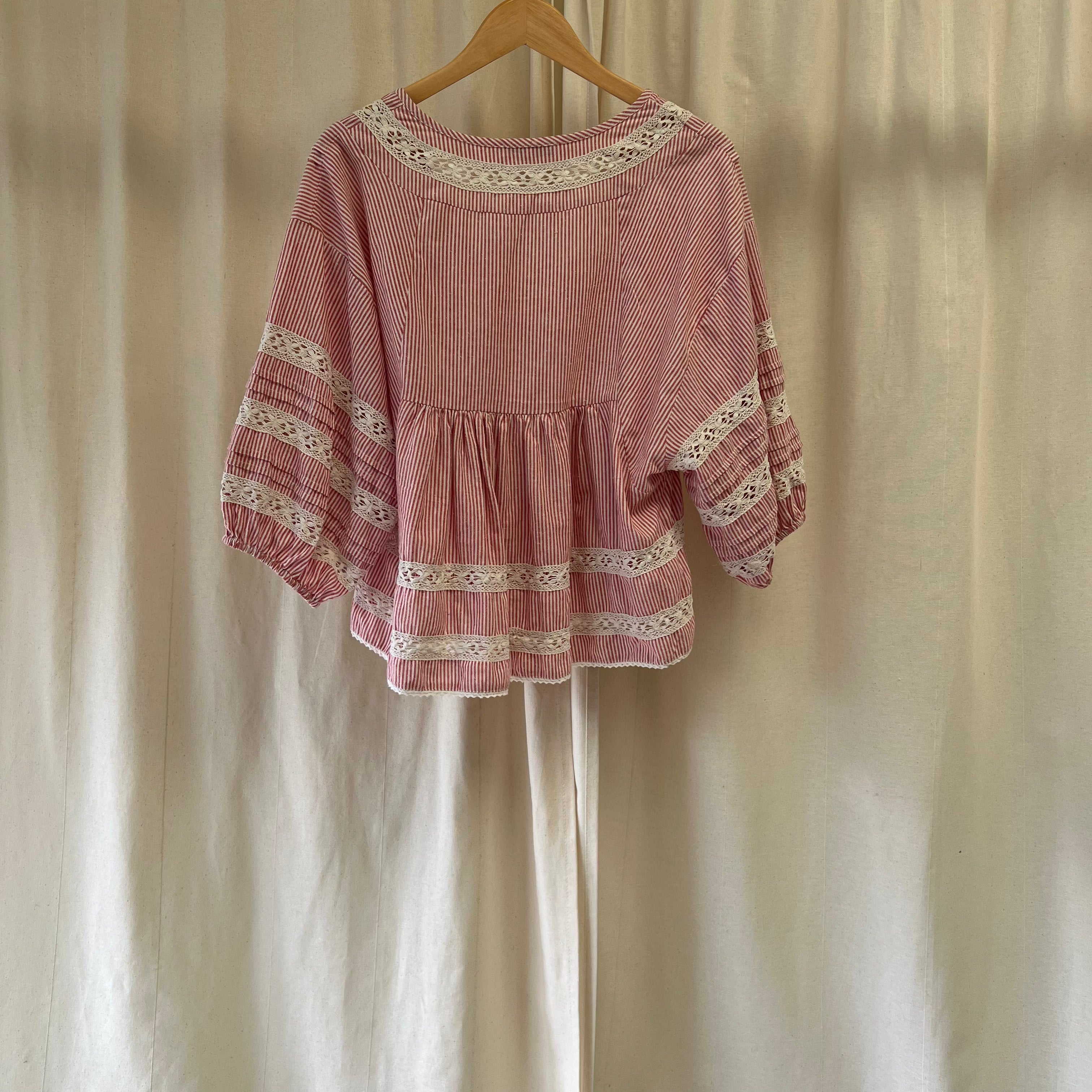 Rose and Rose blouse in red and cream stripes with crochet panels