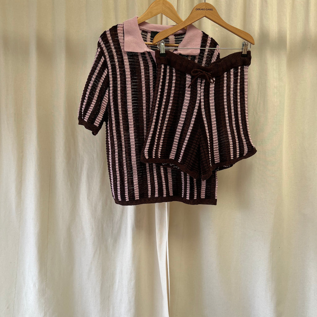 Zara loose knit shirt and shorts set in brown and pink