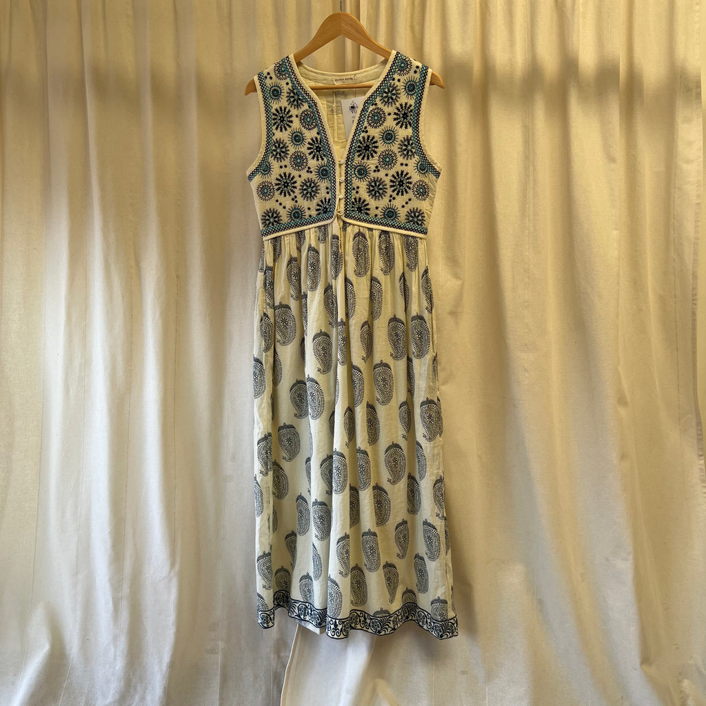 Maison Hotel cream with blue embroidery waistcoat top maxi dress