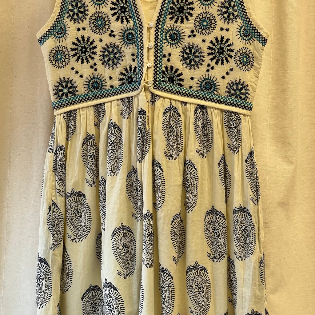 Maison Hotel cream with blue embroidery waistcoat top maxi dress
