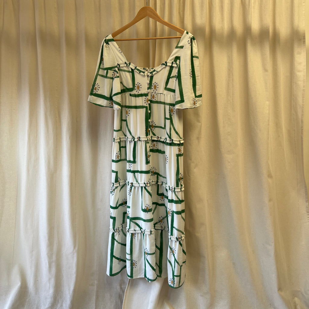 Sancia white with green print tiered maxi dress