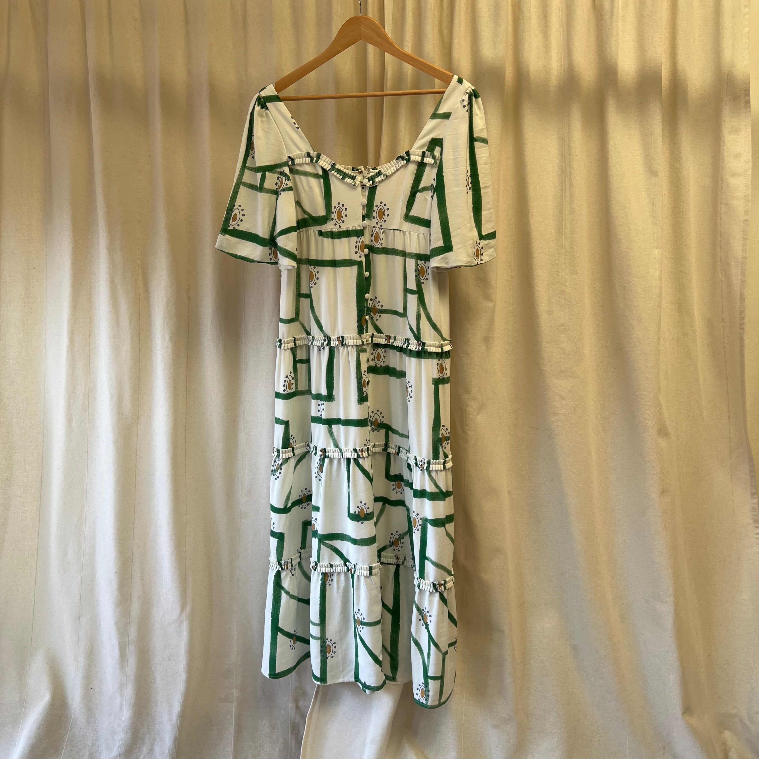 Sancia white with green print tiered maxi dress