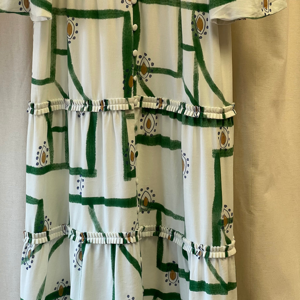 Sancia white with green print tiered maxi dress