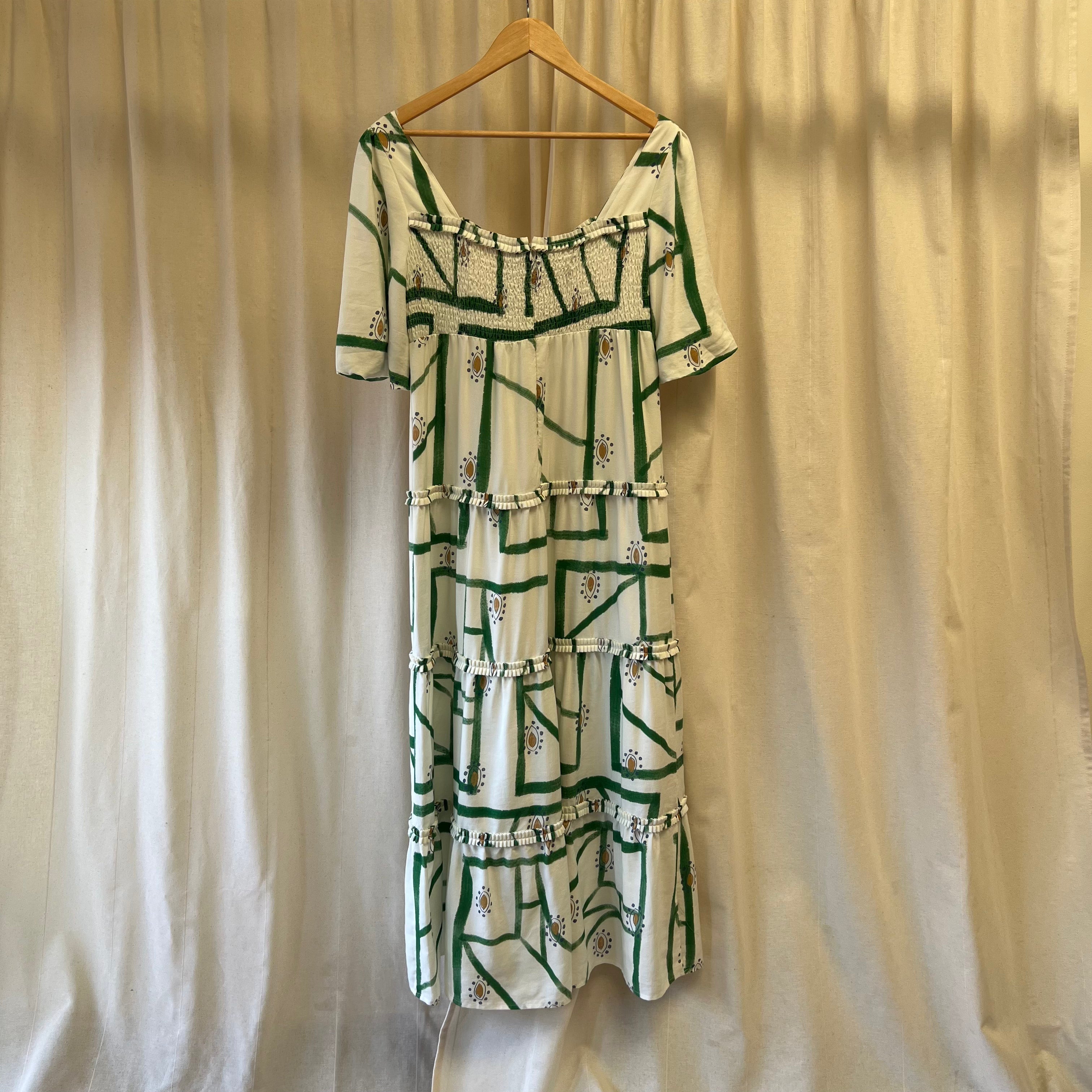 Sancia white with green print tiered maxi dress