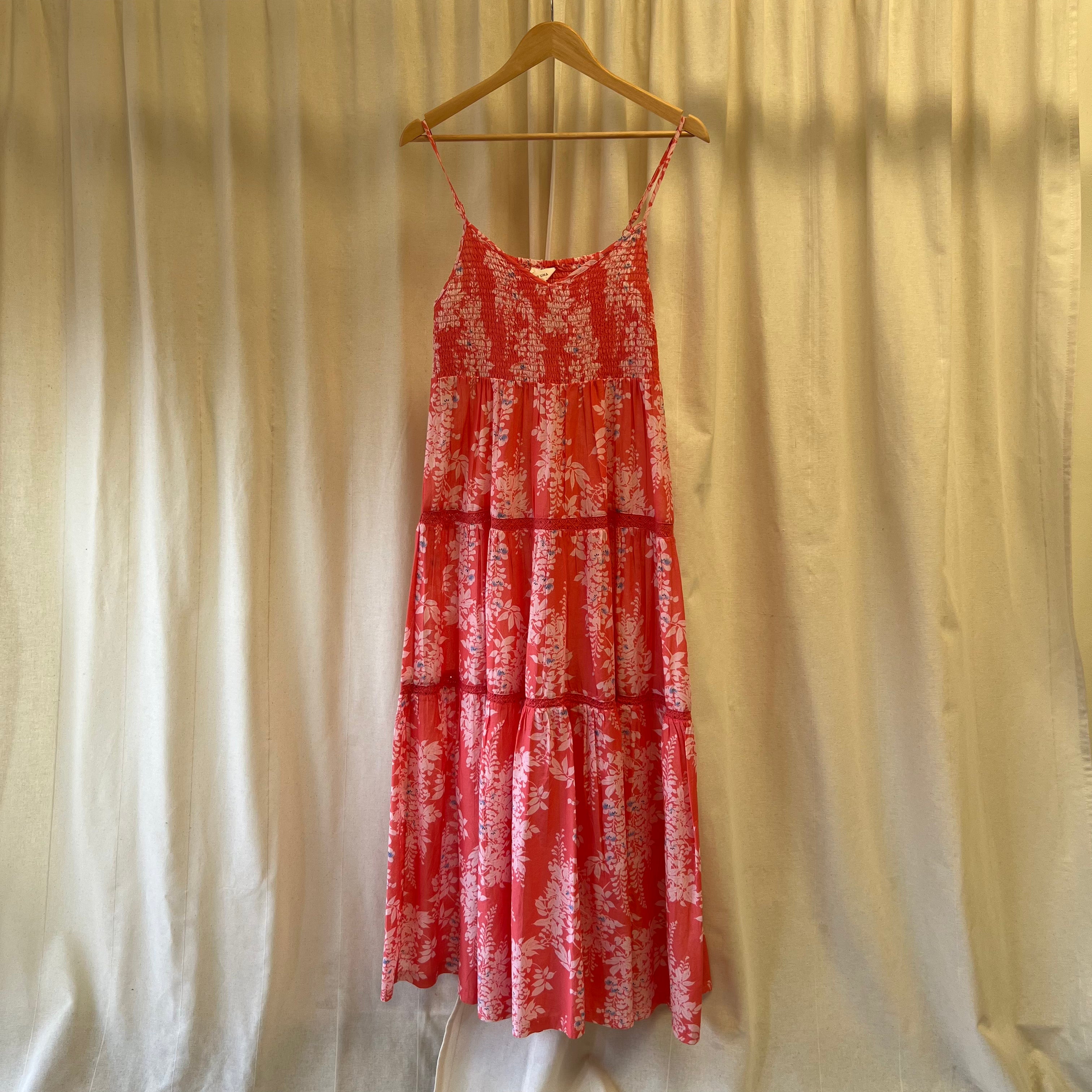 Per Una coral and white floral strappy dress with crochet panels