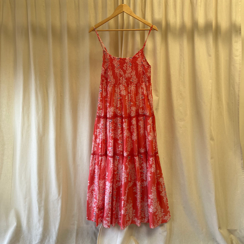 Per Una coral and white floral strappy dress with crochet panels