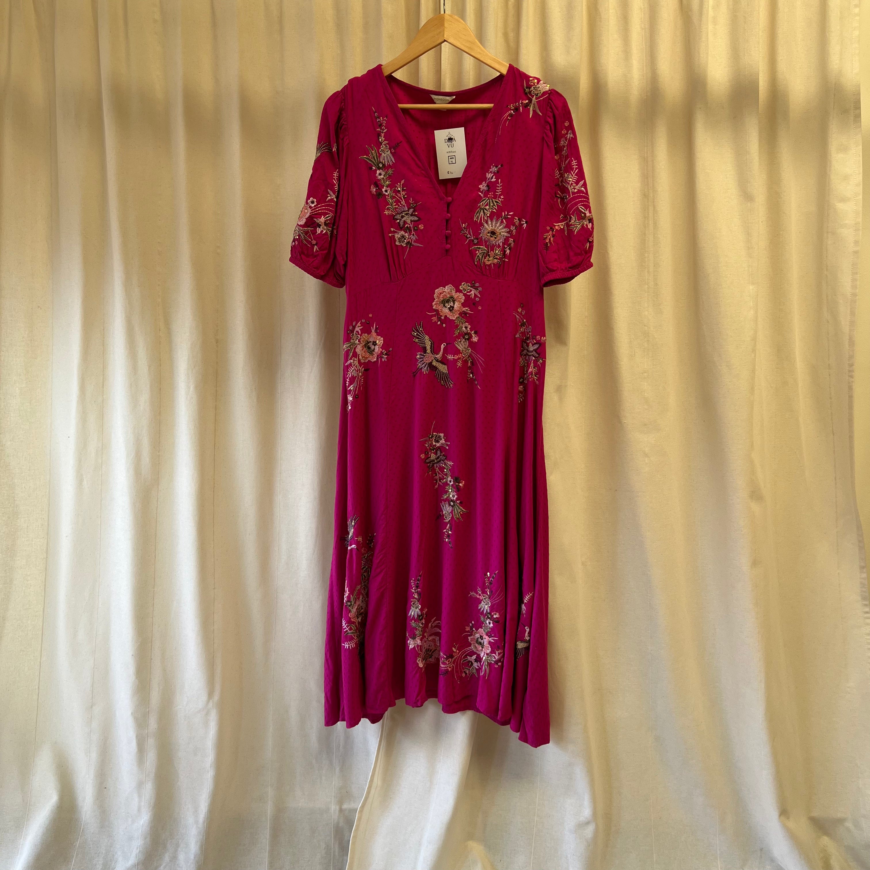 Monsoon hot pink with embroidery short sleeve maxi dress