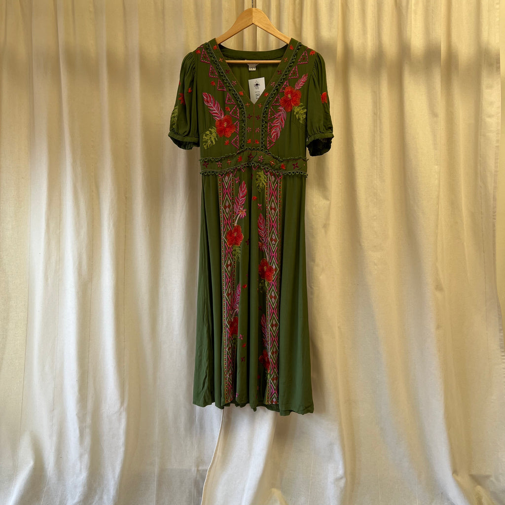 Monsoon khaki green with embroidery short sleeve maxi dress