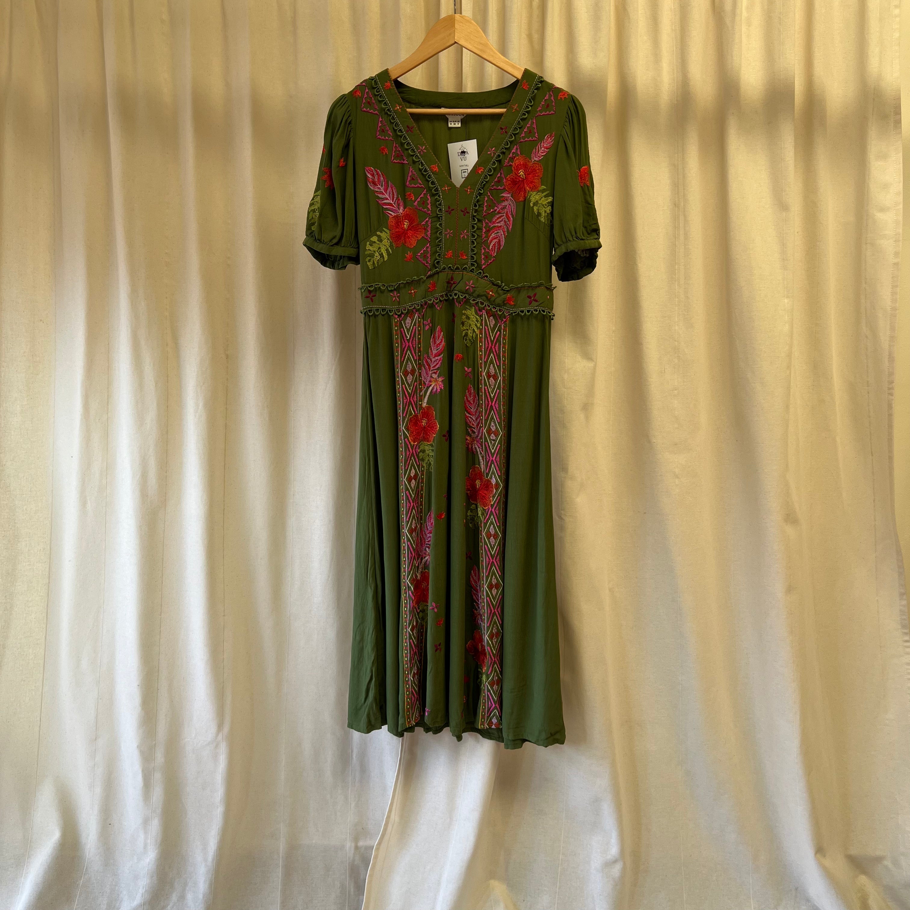 Monsoon khaki green with embroidery short sleeve maxi dress