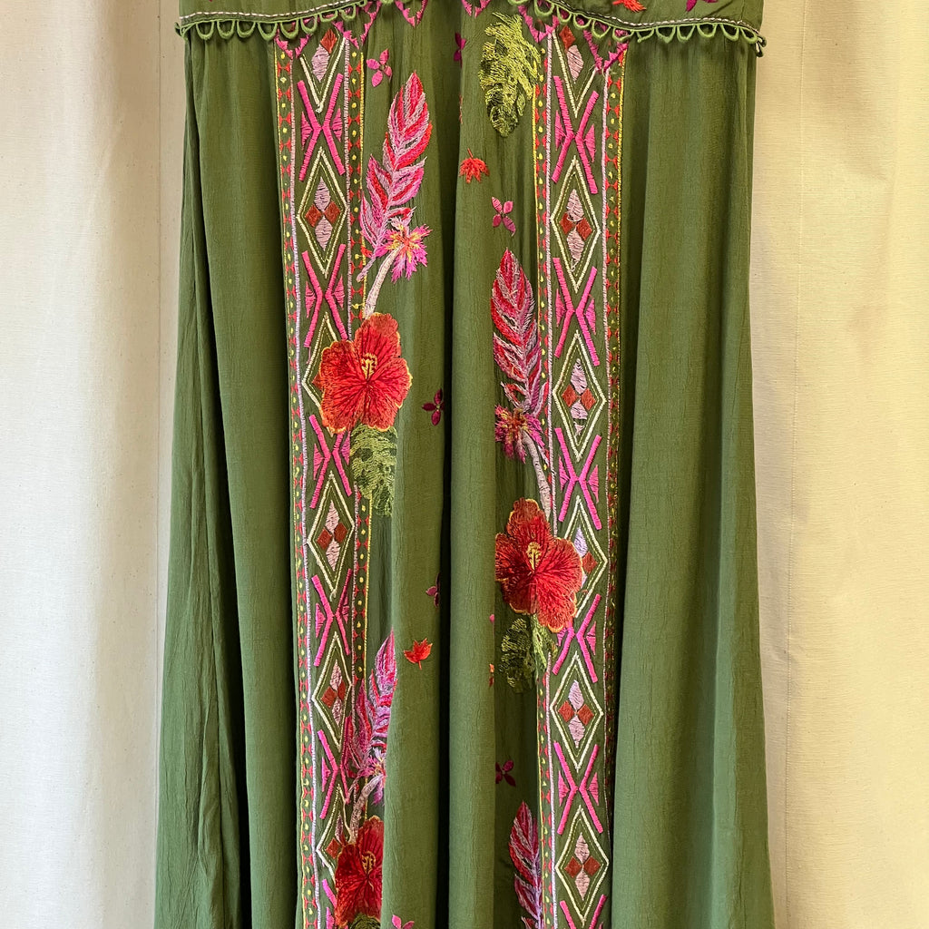 Monsoon khaki green with embroidery short sleeve maxi dress