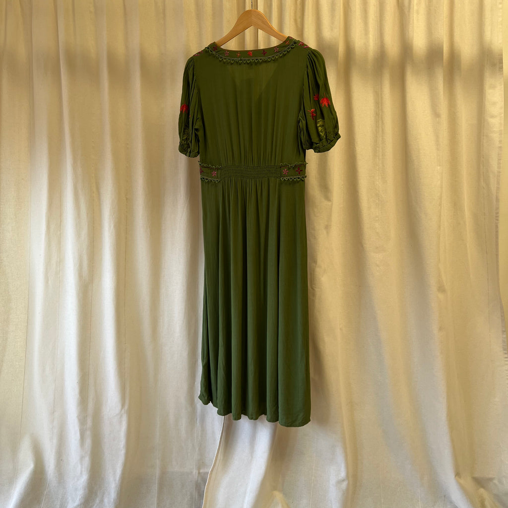 Monsoon khaki green with embroidery short sleeve maxi dress