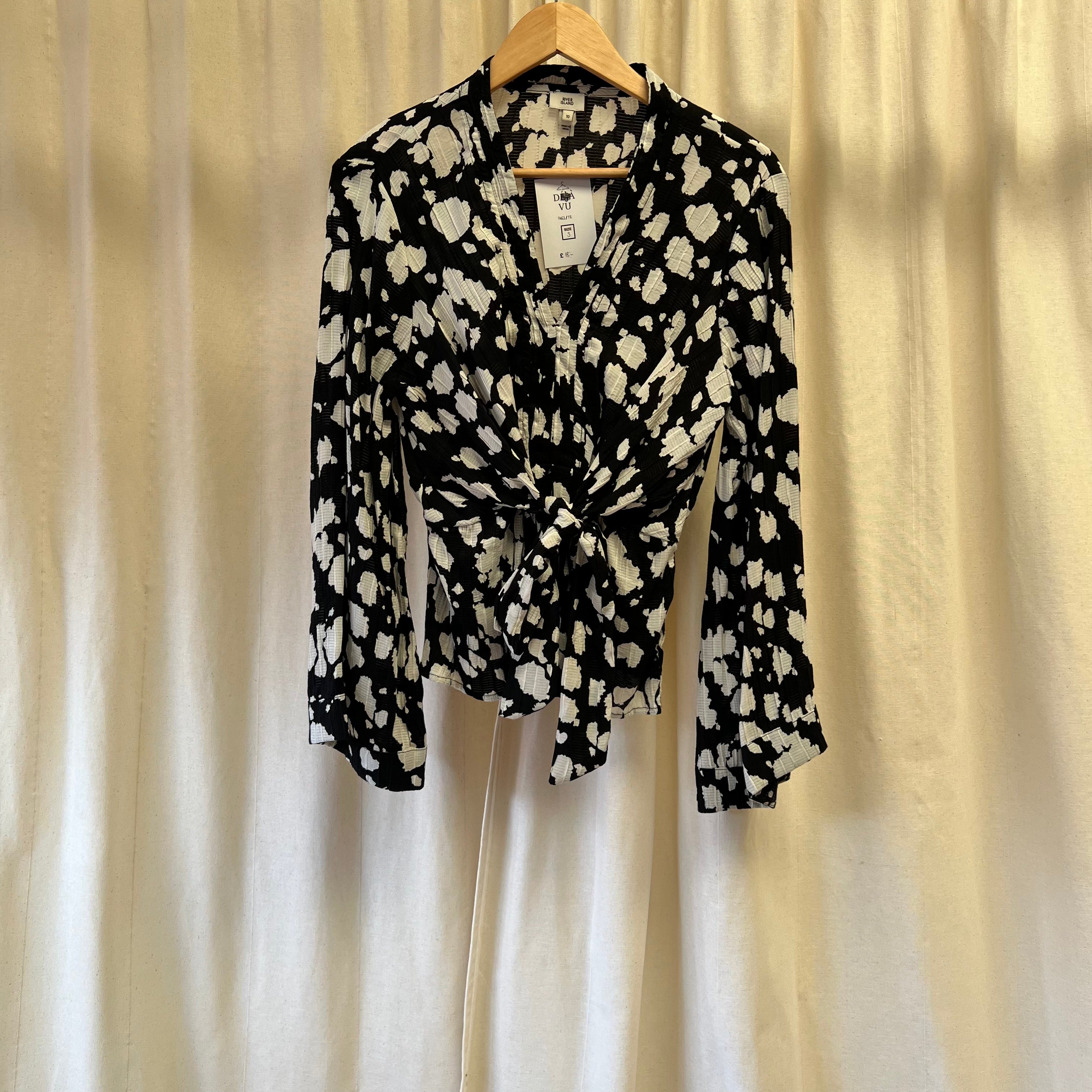 River Island black pleated front blouse long sleeves with white spots