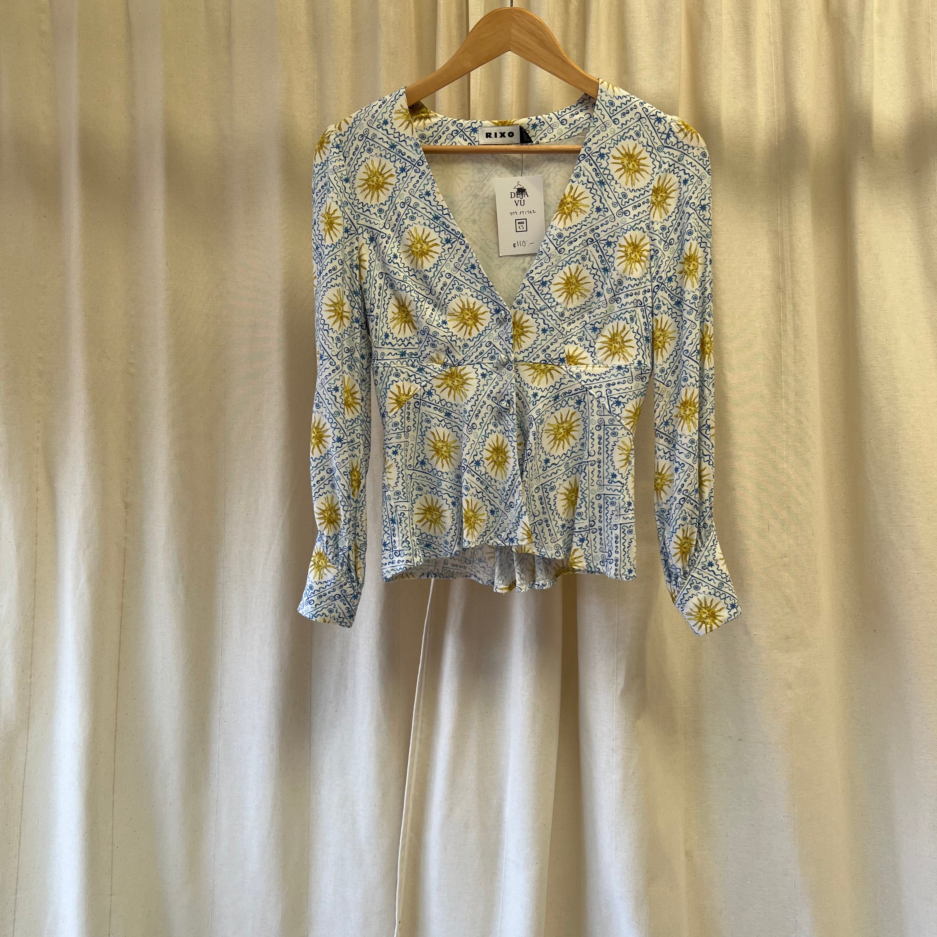 Rixo Amina white with blue sun print blouse and shorts set