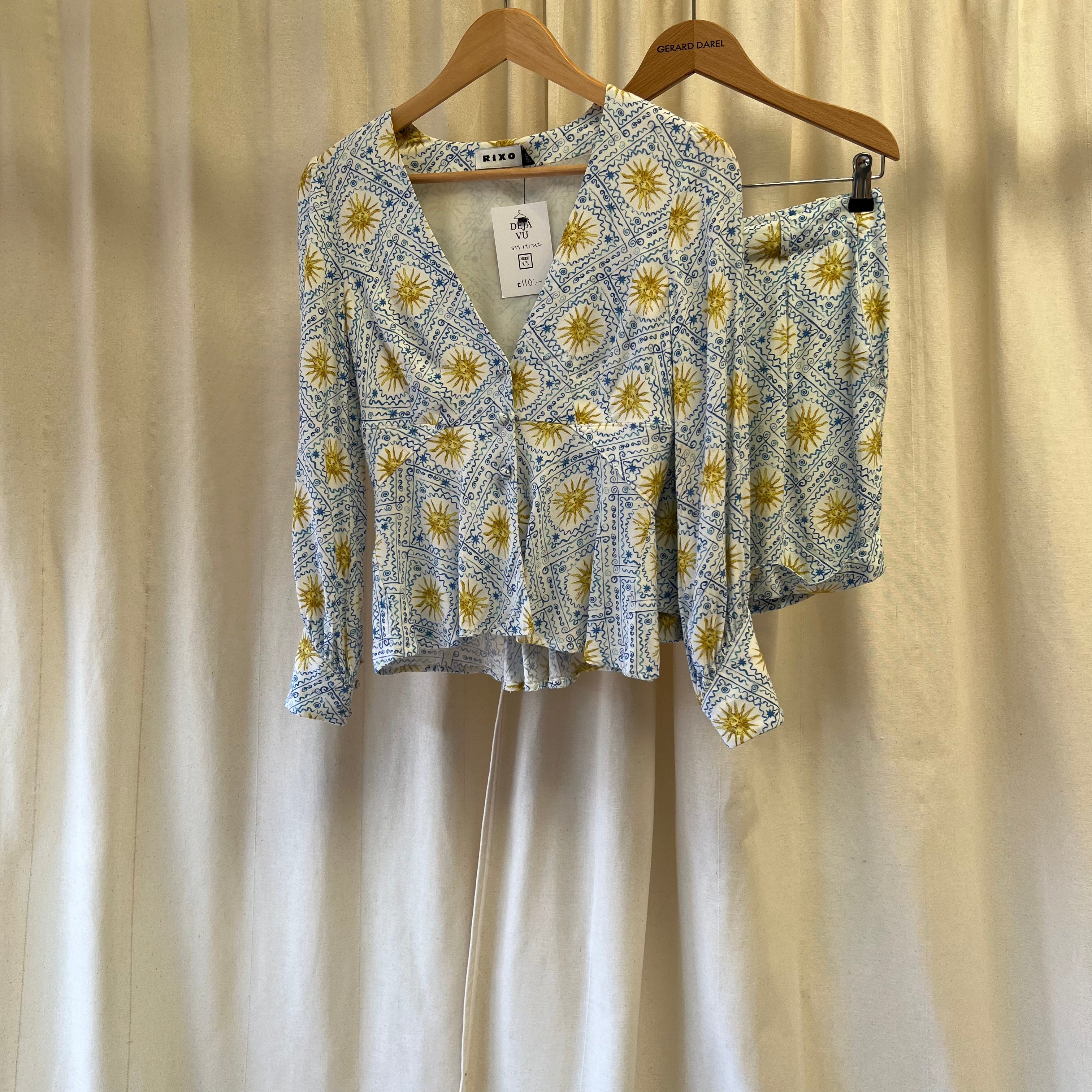 Rixo Amina white with blue sun print blouse and shorts set