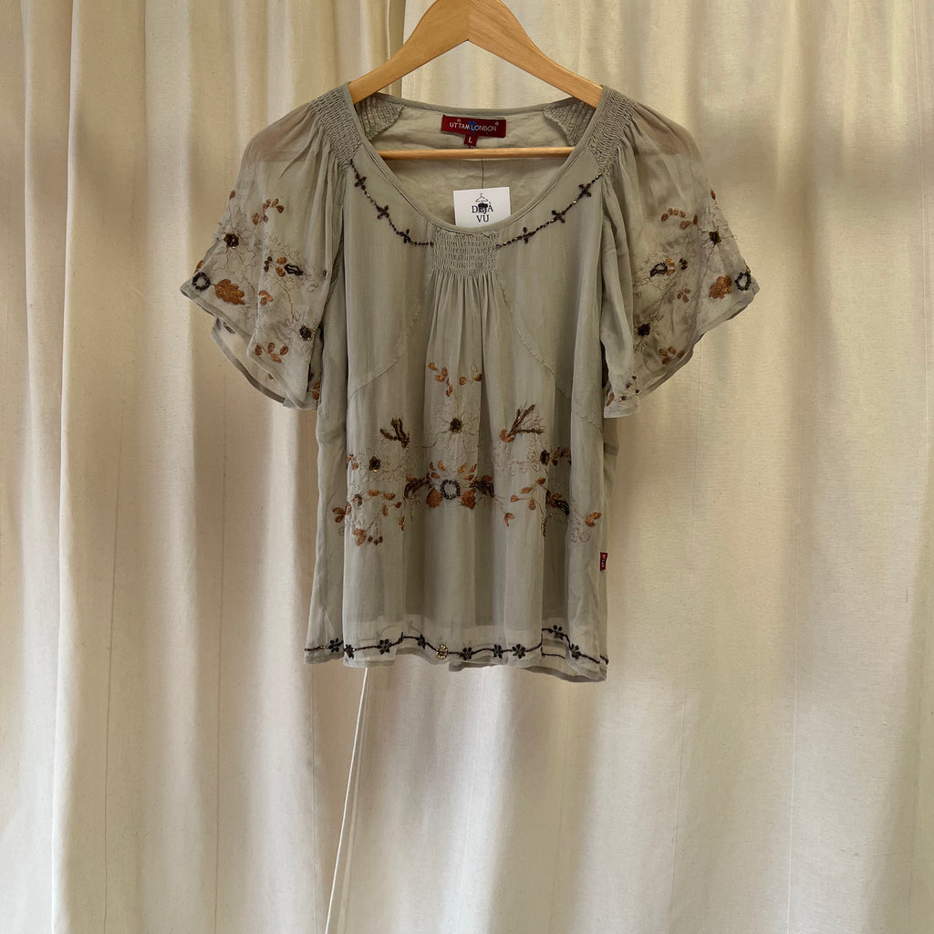 Uttam London grey with copper embroidered short sleeve top