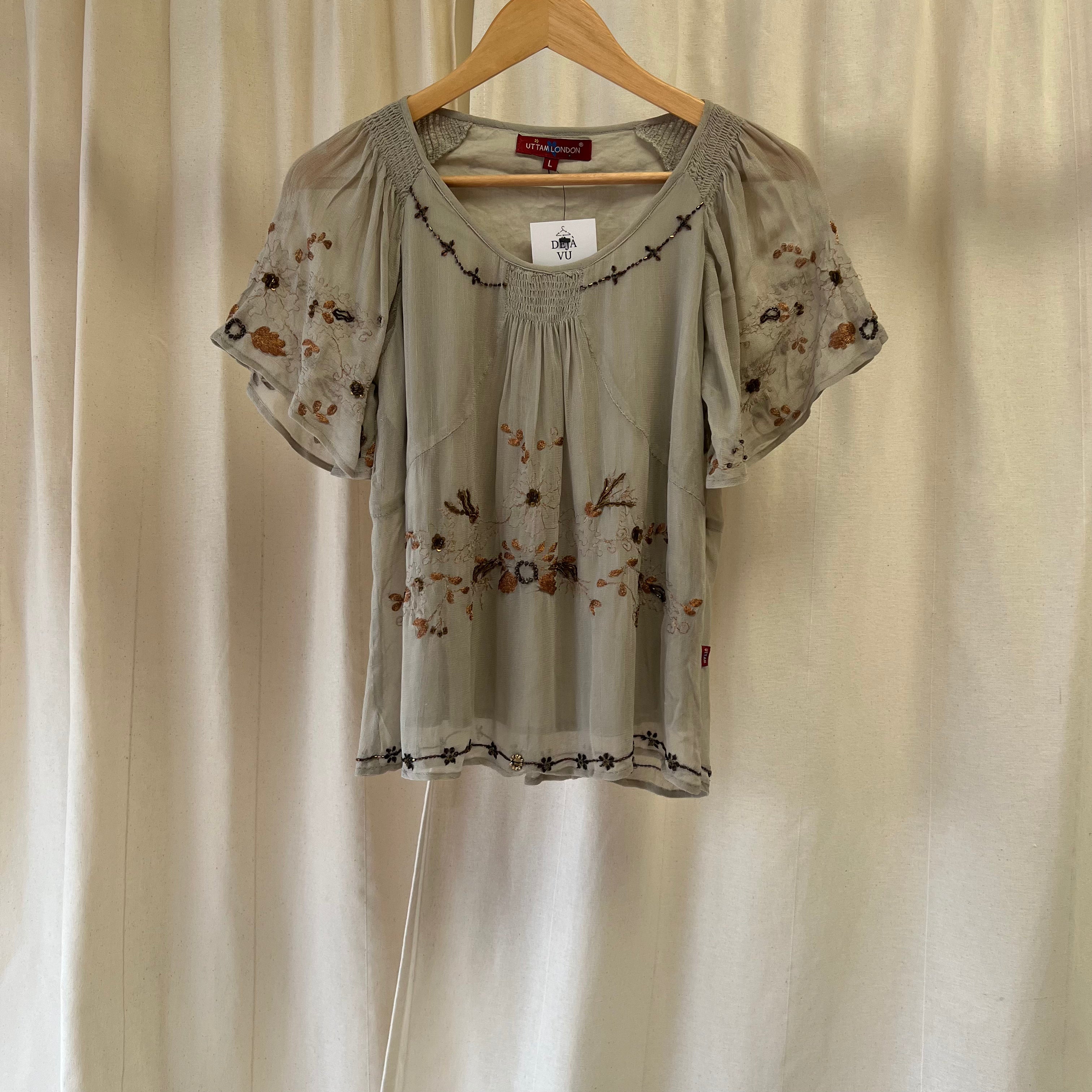 Uttam London grey with copper embroidered short sleeve top