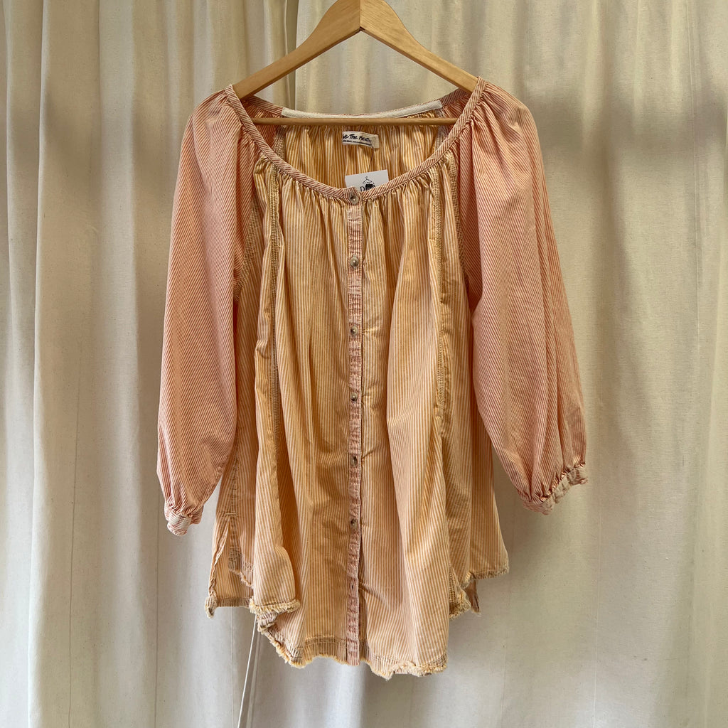 Free People orange + cream pinstripe long sleeve blouse