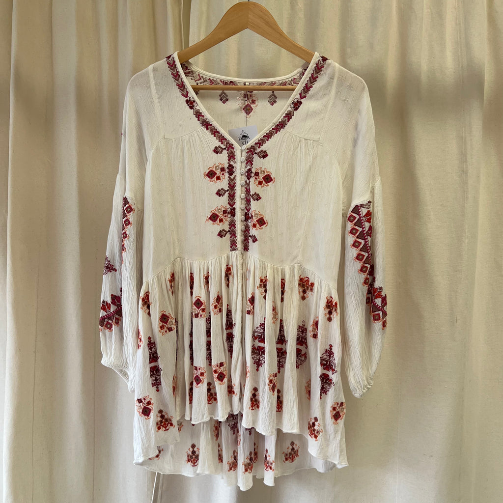 Free People cream with pink + orange embroidered long sleeve