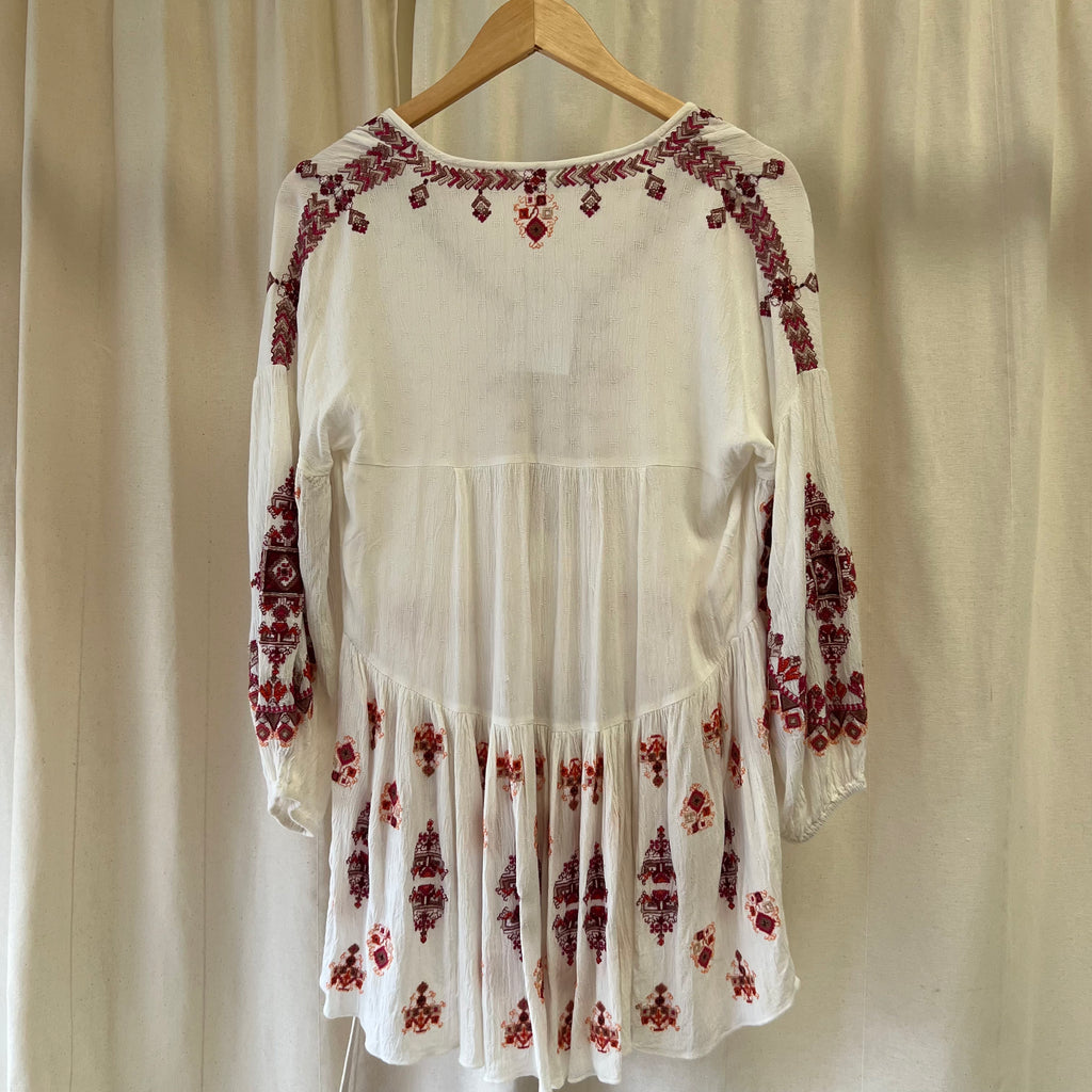 Free People cream with pink + orange embroidered long sleeve