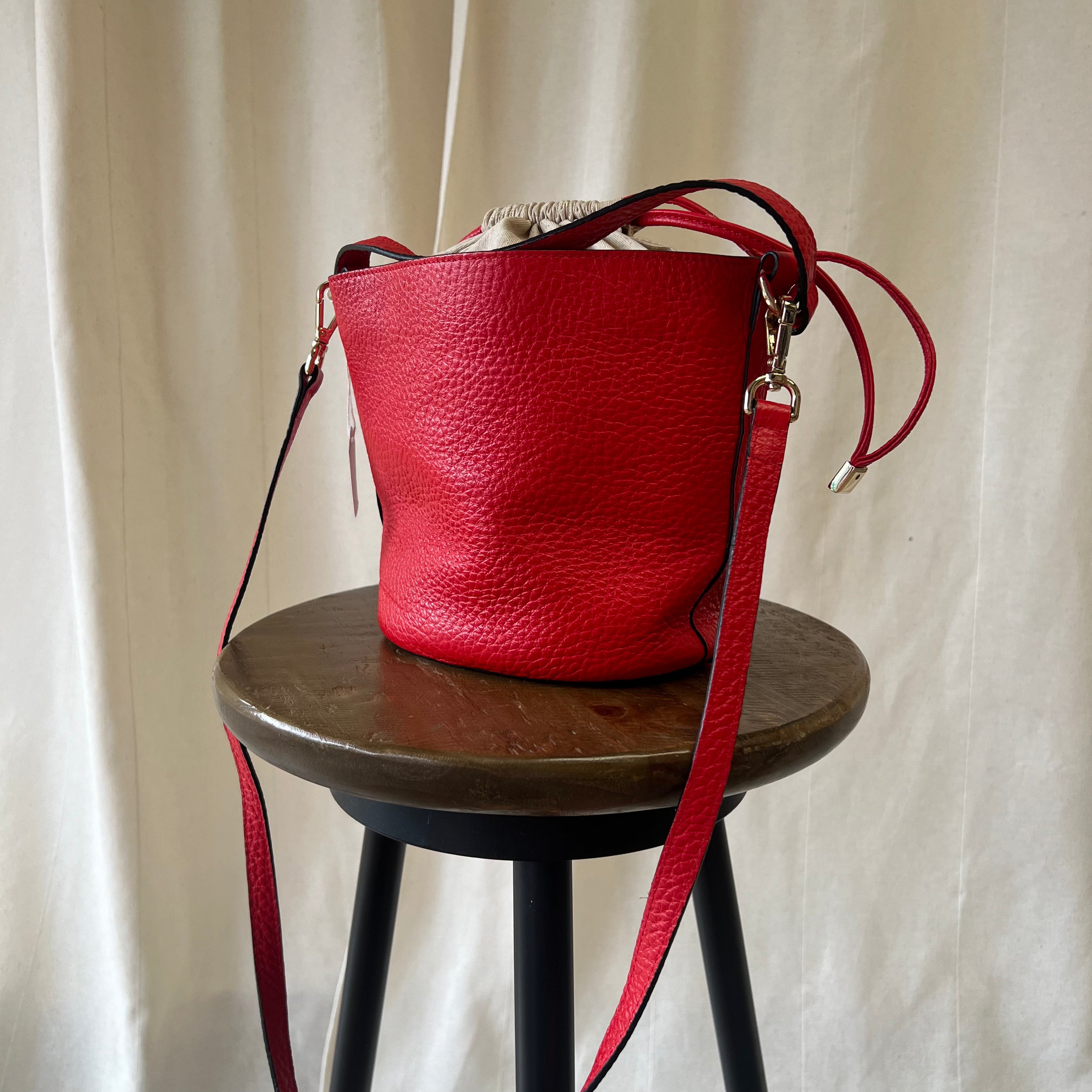 Uterqüe bright red textured leather bucket bag