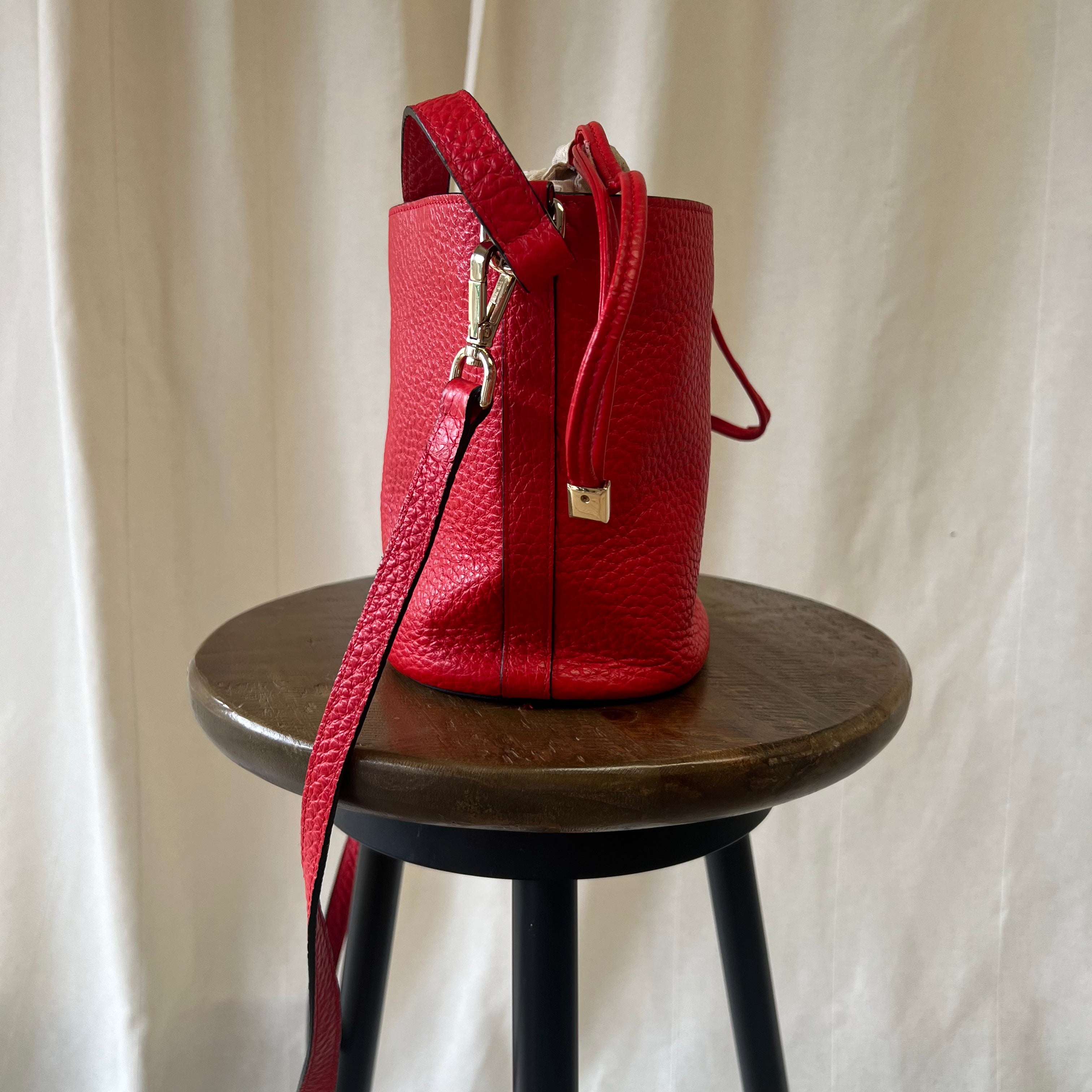 Uterqüe bright red textured leather bucket bag
