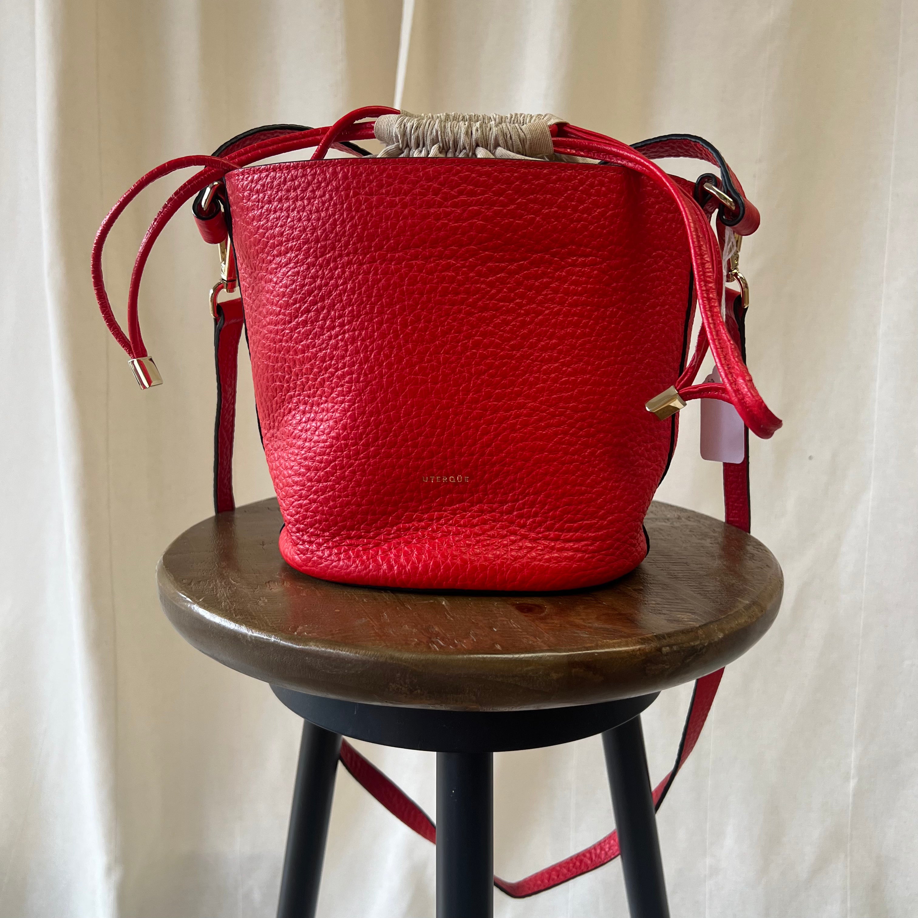 Uterqüe bright red textured leather bucket bag