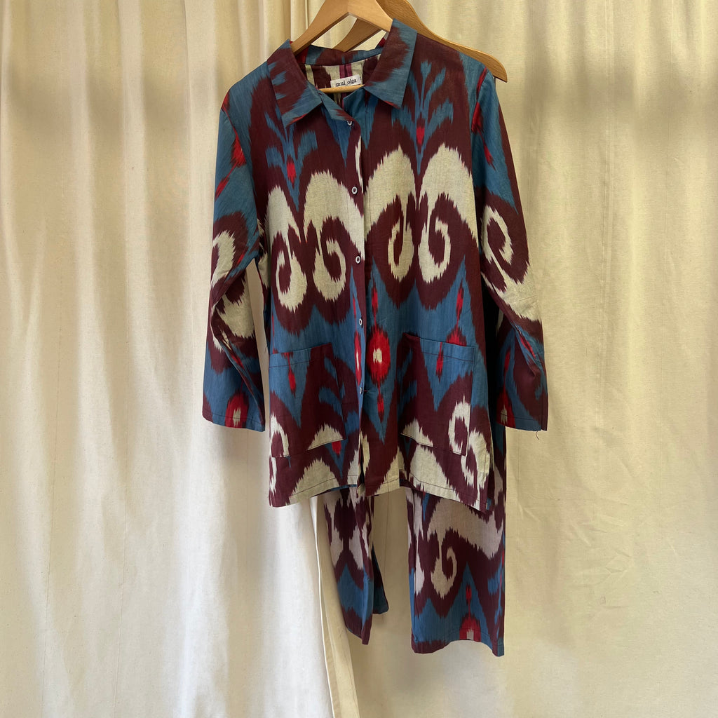 Mul_Olga plum blue and cream linen shirt and trousers so ord