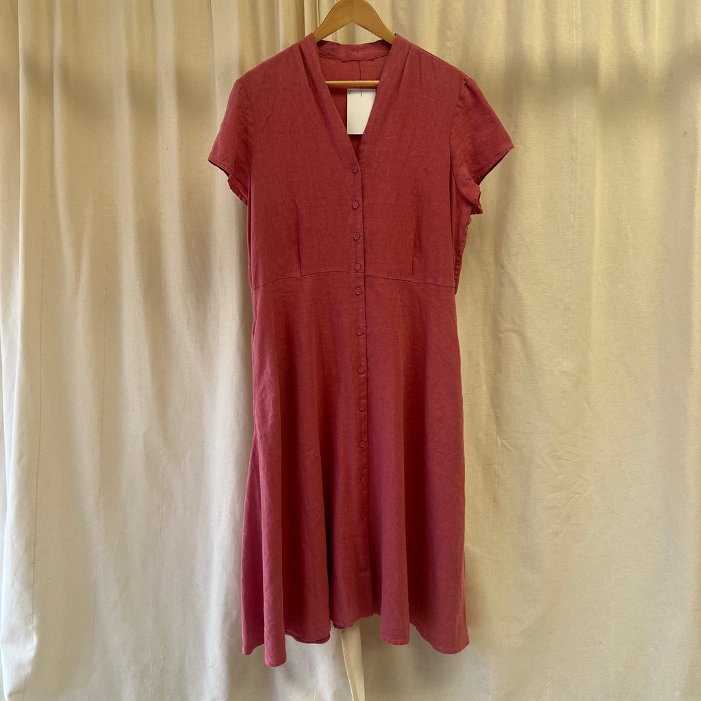 Dusky pink linen short sleeve button front maxi dress