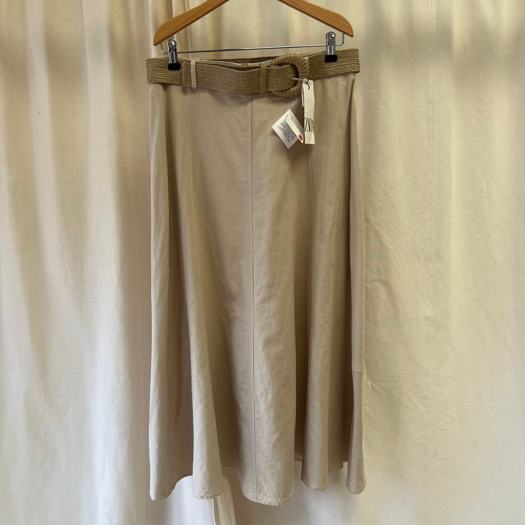 Zara beige linen blend midi skirt with hessian belt