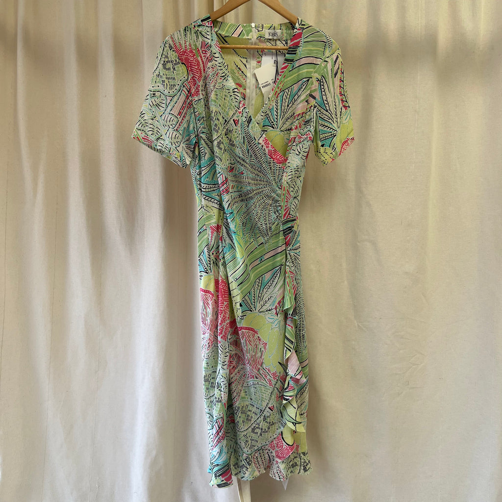 Grey Osbourn lime green pink and blue pattern short sleeve ruffle dress