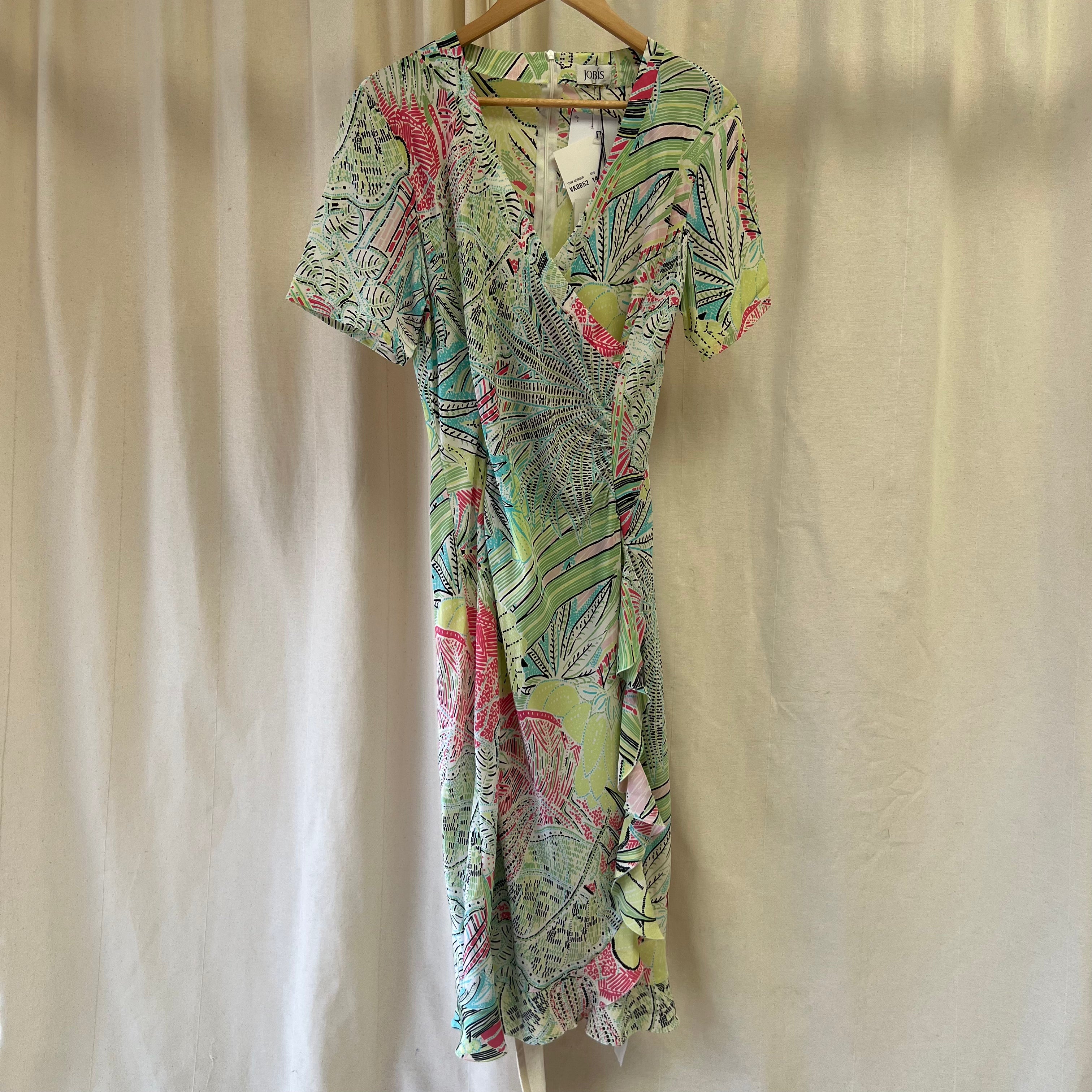 Grey Osbourn lime green pink and blue pattern short sleeve ruffle dress