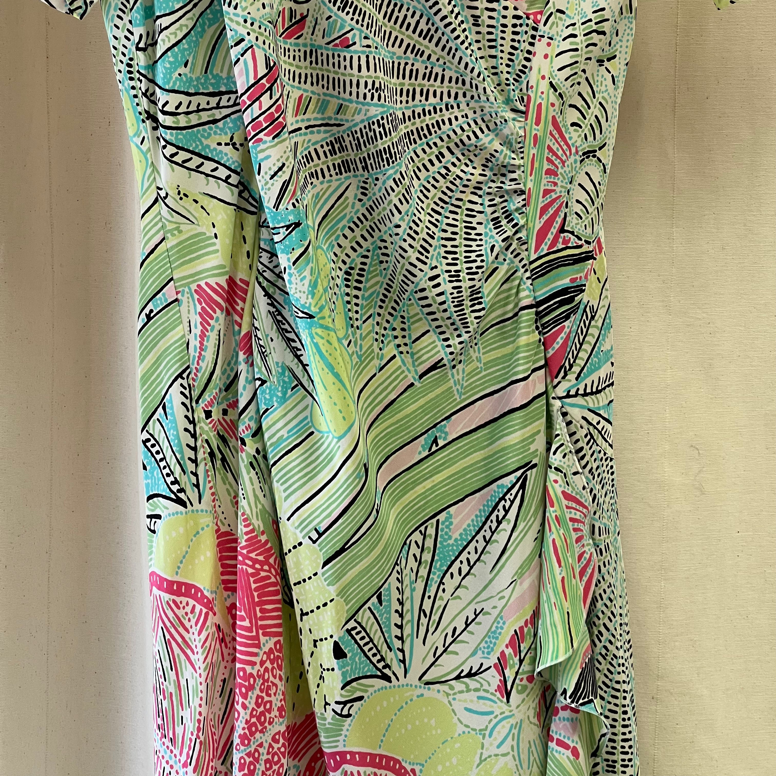 Grey Osbourn lime green pink and blue pattern short sleeve ruffle dress