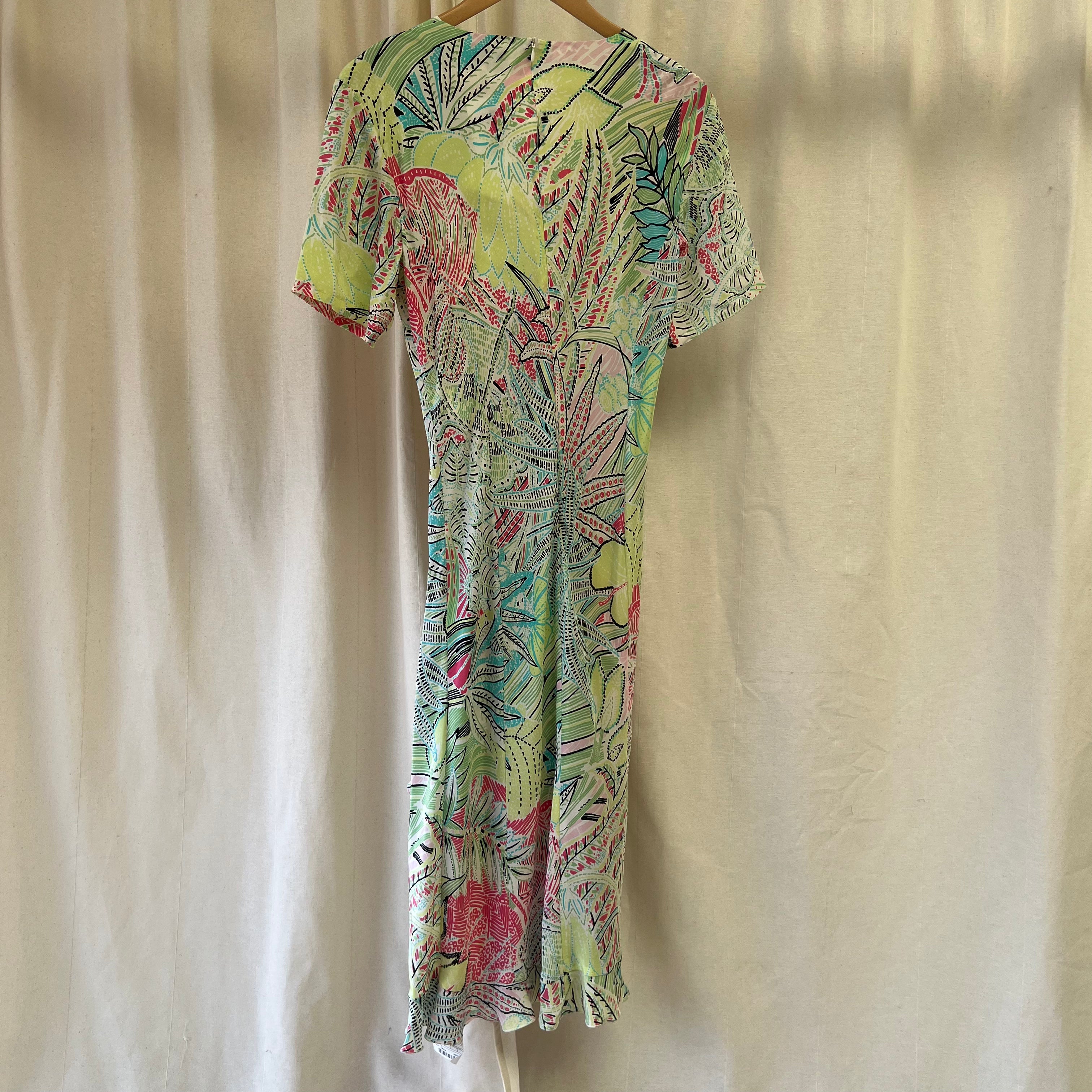 Grey Osbourn lime green pink and blue pattern short sleeve ruffle dress