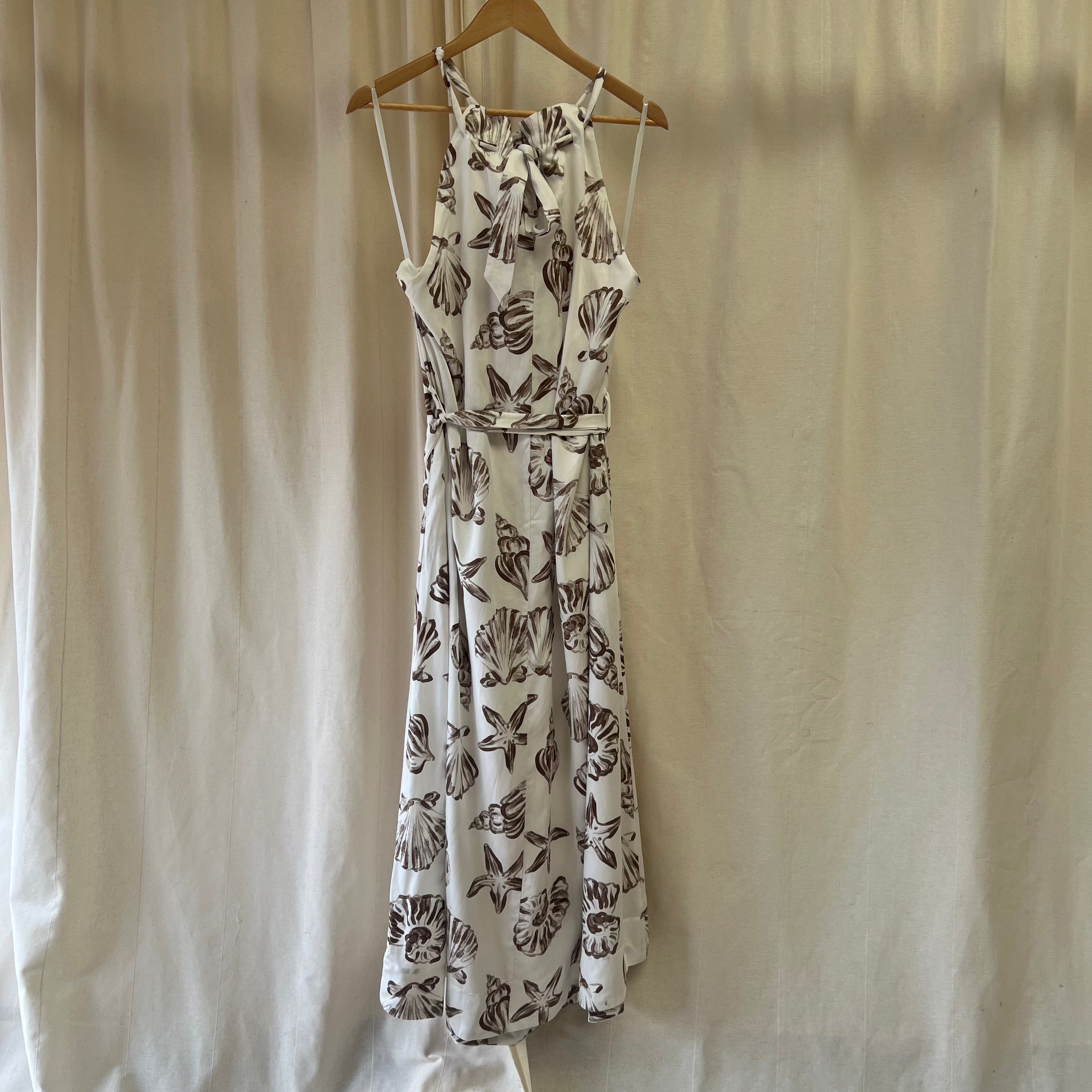 Michelle Keegan white with brown shell print halterneck dress with belt
